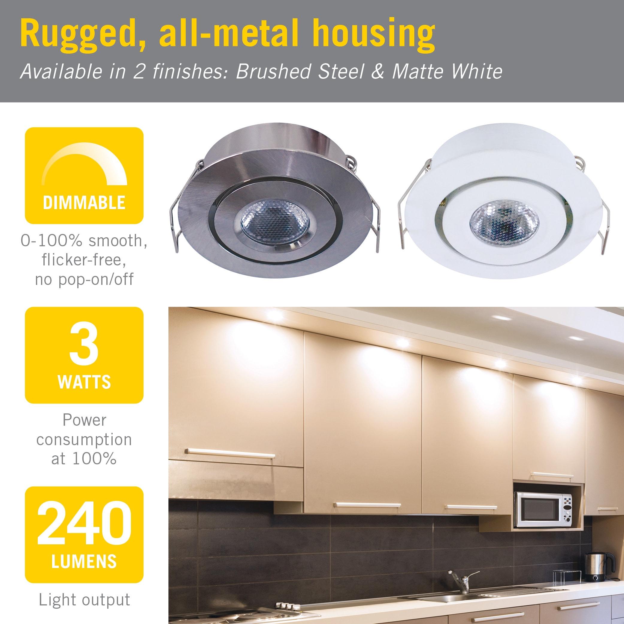 Swivel Recessed Under Cabinet LED Puck Light, 2700K, Brushed Steel Undercabinet Puck Light