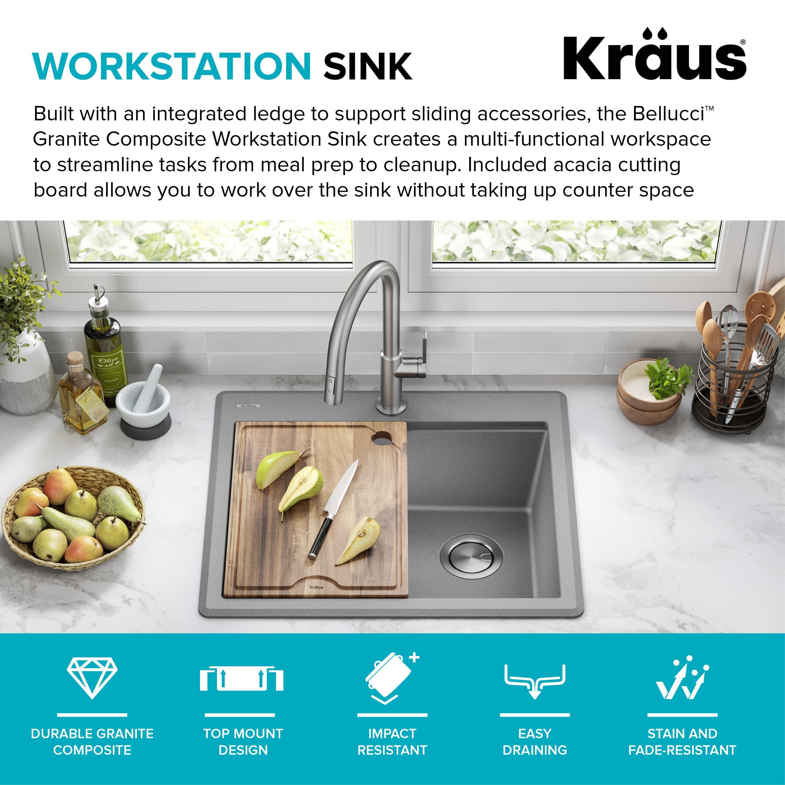 Kraus KGTW12-25MGR KRAUS Bellucci Granite Composite Workstation Drop-In Top Mount Single Bowl Kitchen Sink with Accessories