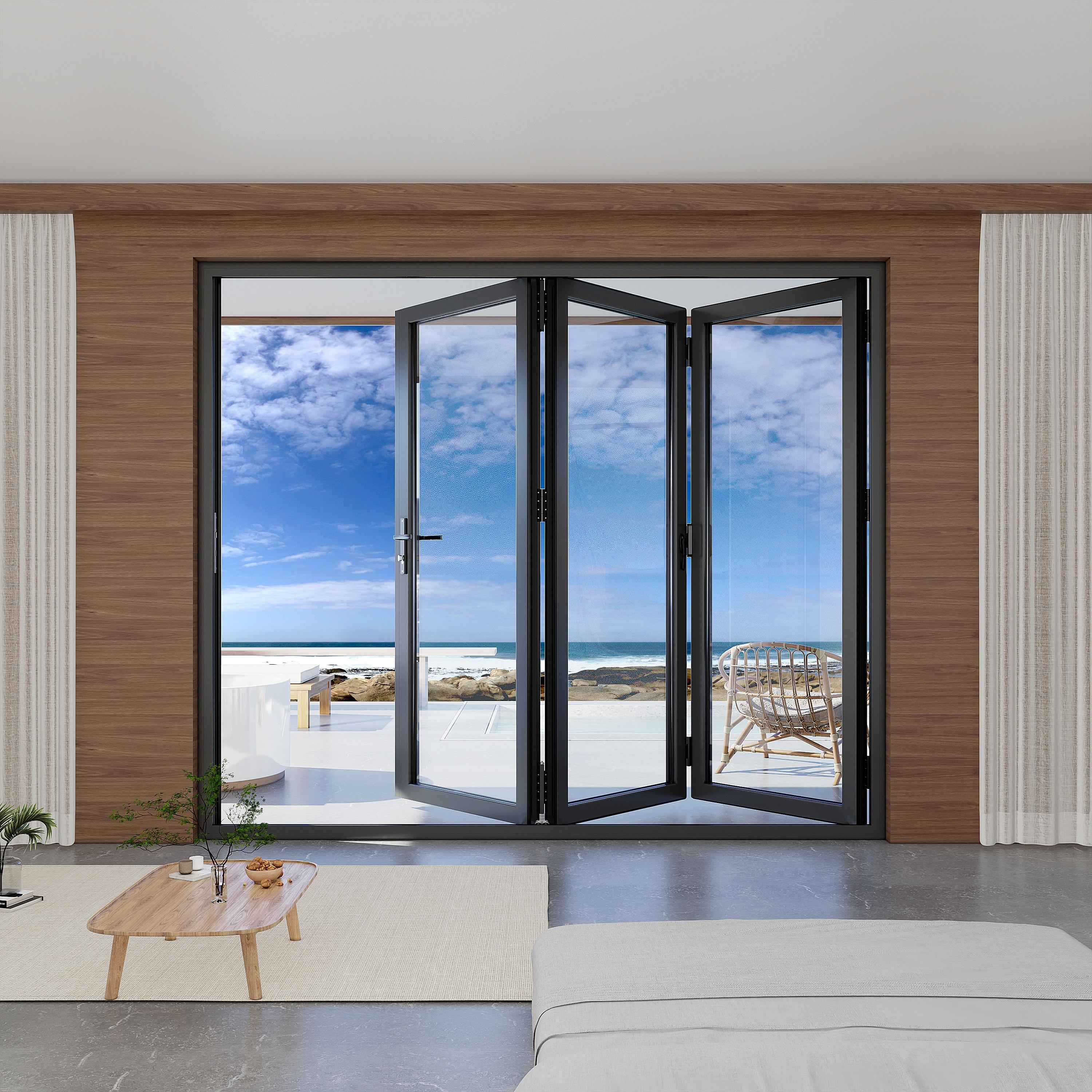 KaMic KaMic 96" inch - 3 Panels Glass Aluminum Folding Door In Black