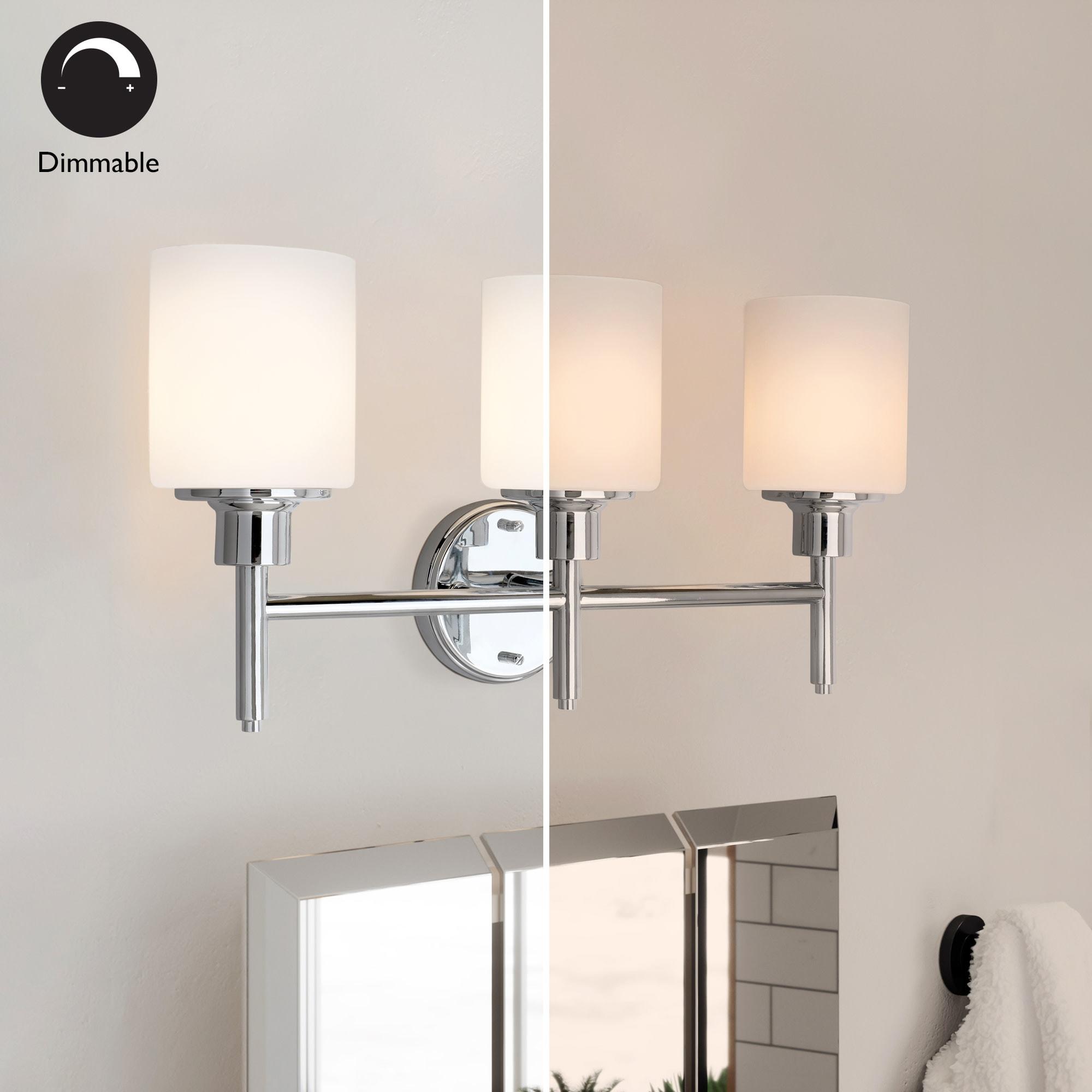 Aubrey Transitional 3-Light Indoor Bathroom Vanity Light – Above the Mirror, Dimmable, Damp Listed – Frosted Glass and Polished Chrome – Design House, 589770