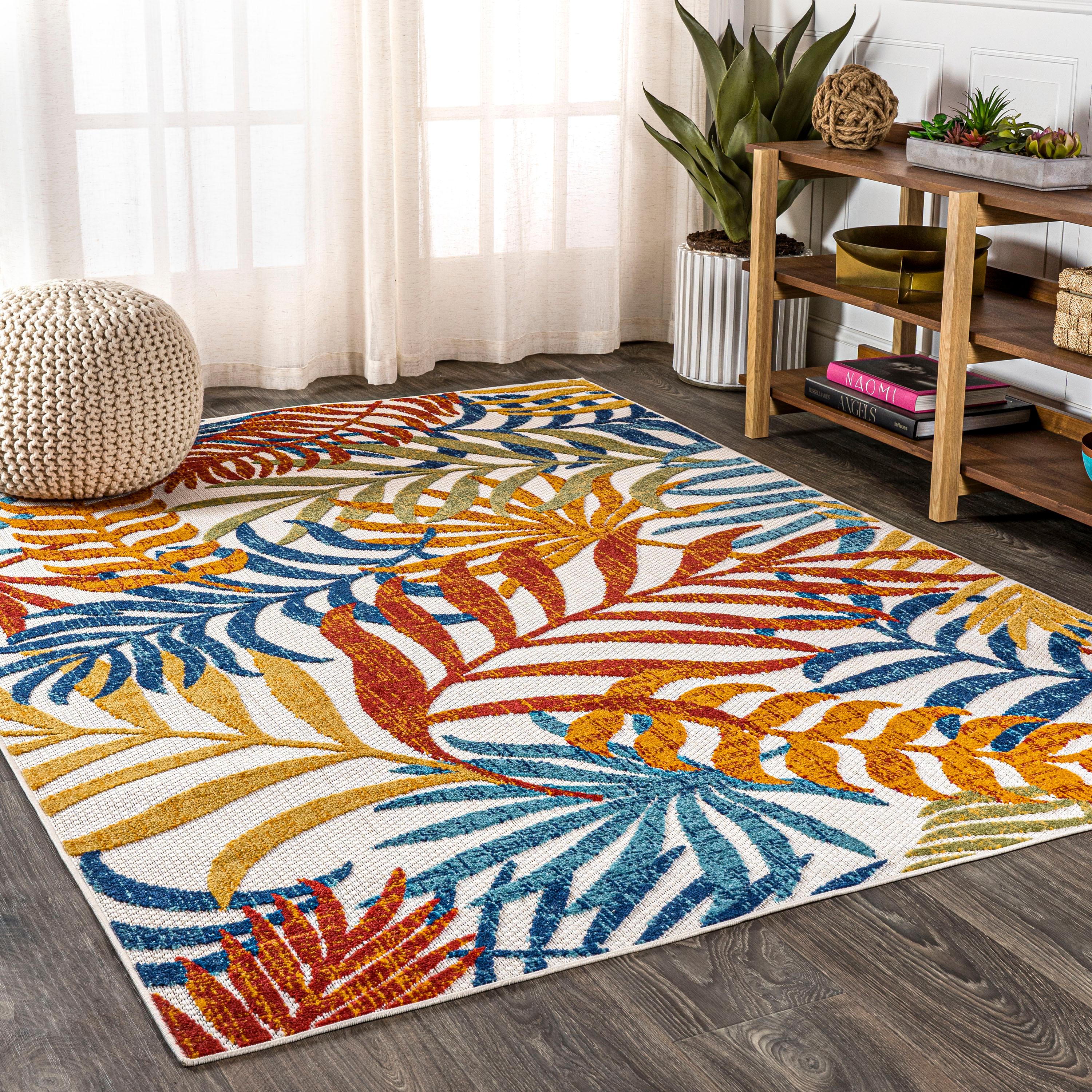 9'x 12' Tropics Palm Leaves Indoor/Outdoor Area Rug, Cream/Orange - JONATHAN Y