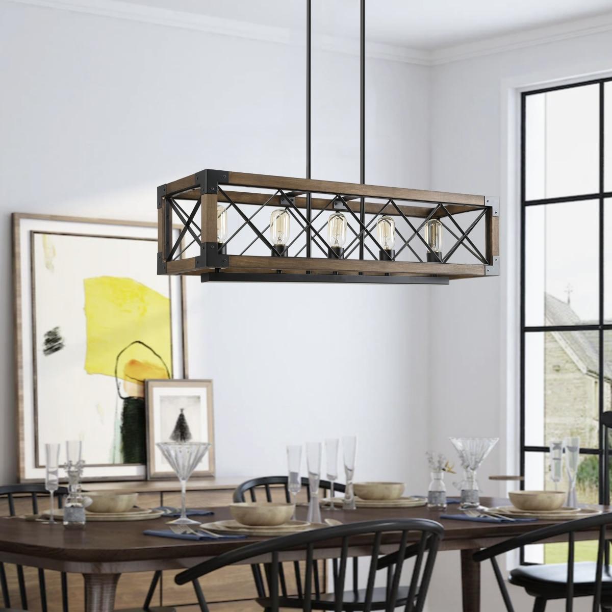 Farmhouse 5-Light Wood and Black Metal Chandelier, Rectangular Kitchen Island Light Fixture