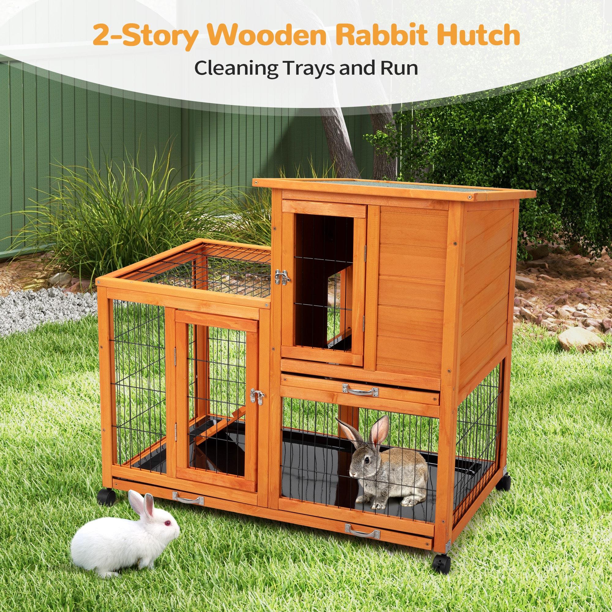 COZIWOW Wooden Rabbit Hutch Hamster Habitat Bunny House Outdoor w/ 4 Casters 2 Cleaning Trays