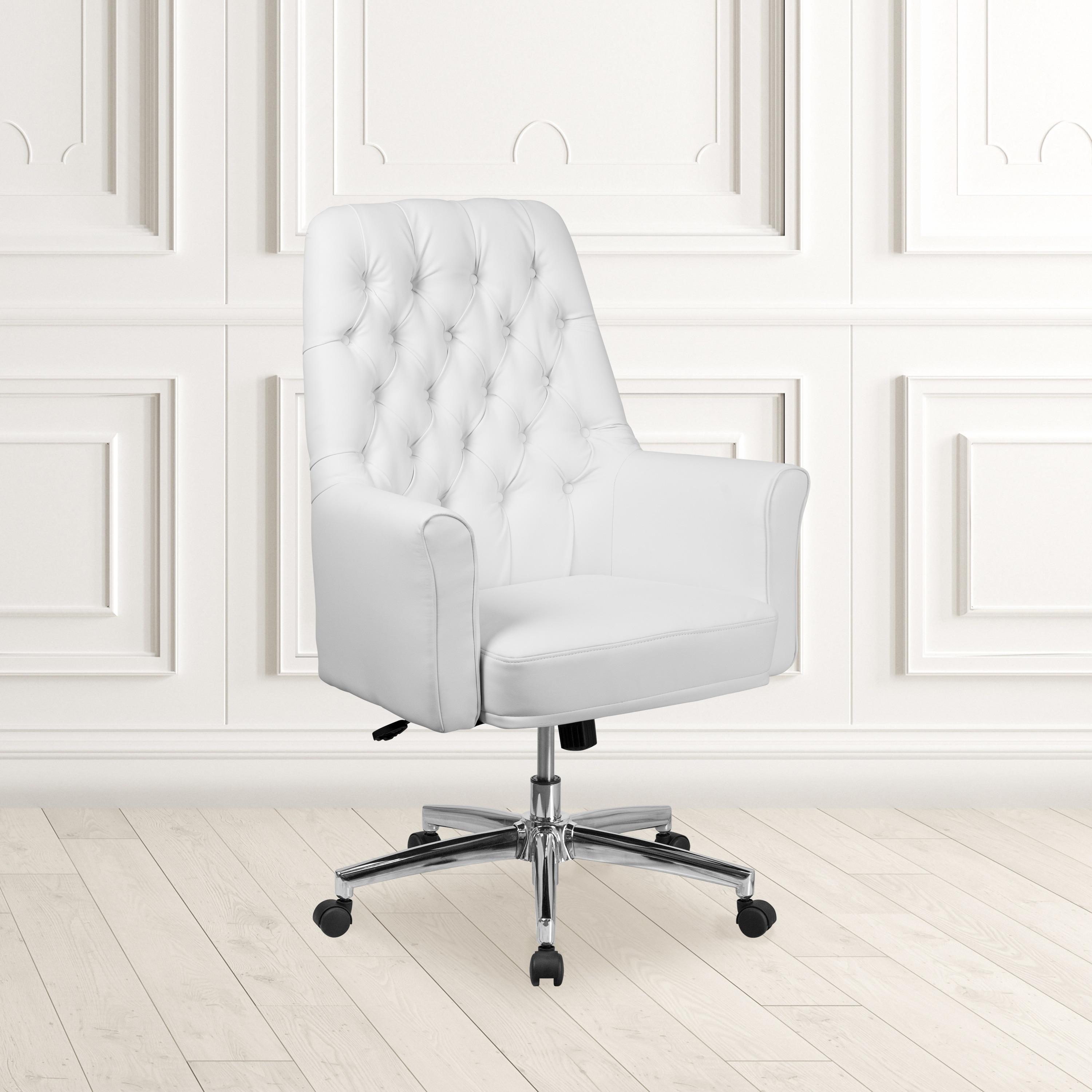 Flash Furniture Hansel Mid-Back Traditional Tufted White LeatherSoft Executive Swivel Office Chair with Arms