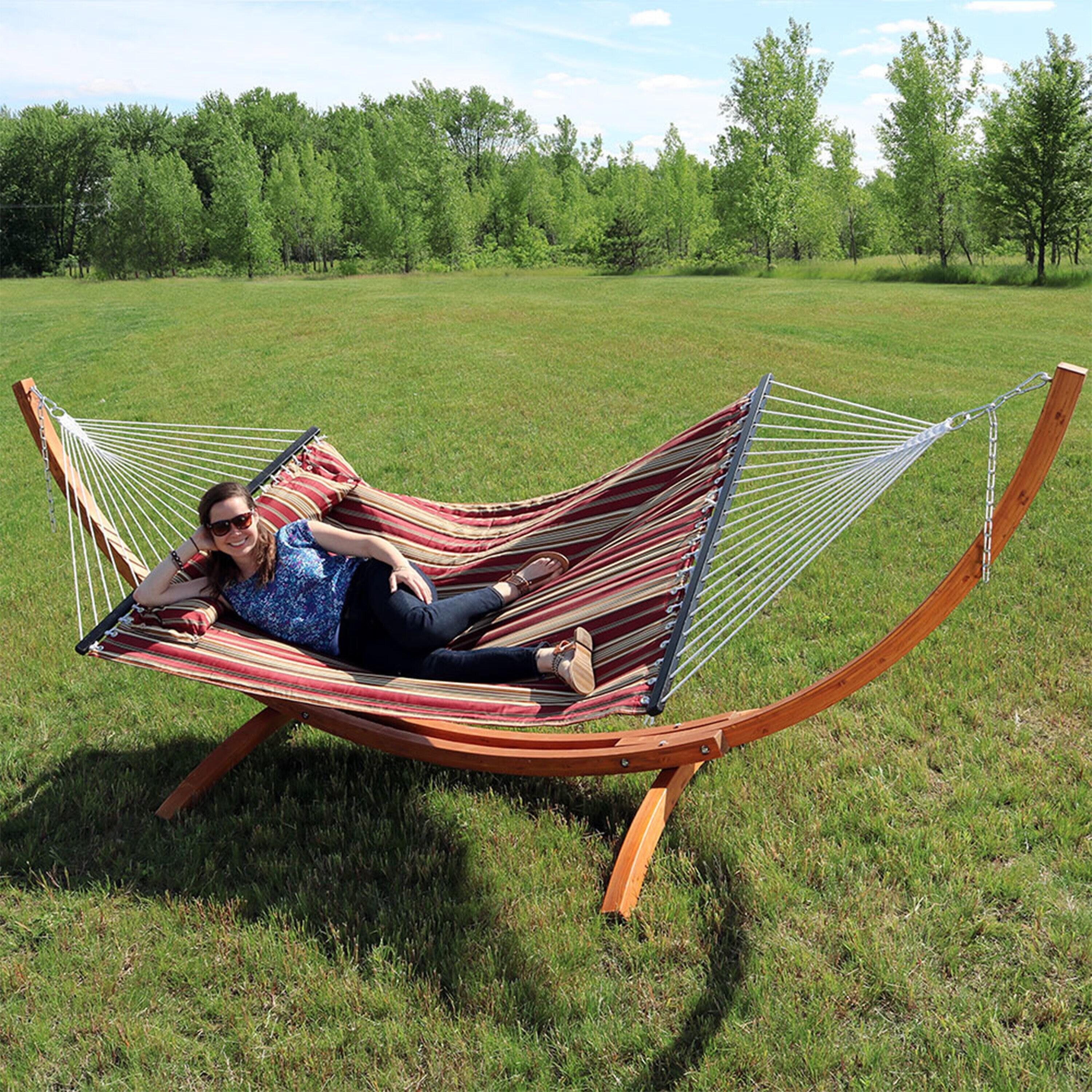 Sunnydaze Quilted Double Fabric 2-Person Hammock with Curved Arc Wood Stand - 400 lb Weight Capacity/12' Stand - Red Stripe