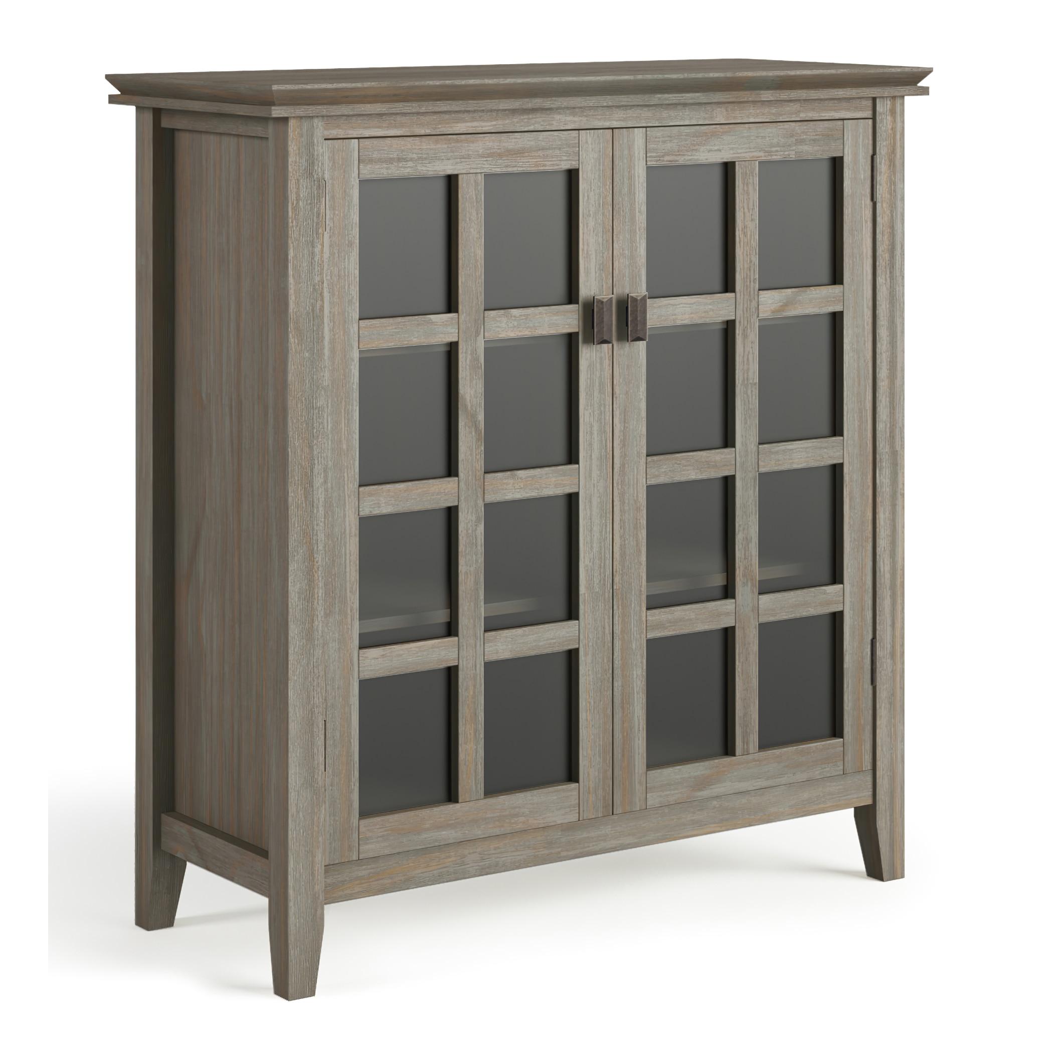 Simpli Home Artisan 38"W Solid Wood 4-Shelf Medium Storage Cabinet with Glass Doors and Adjustable Shelves