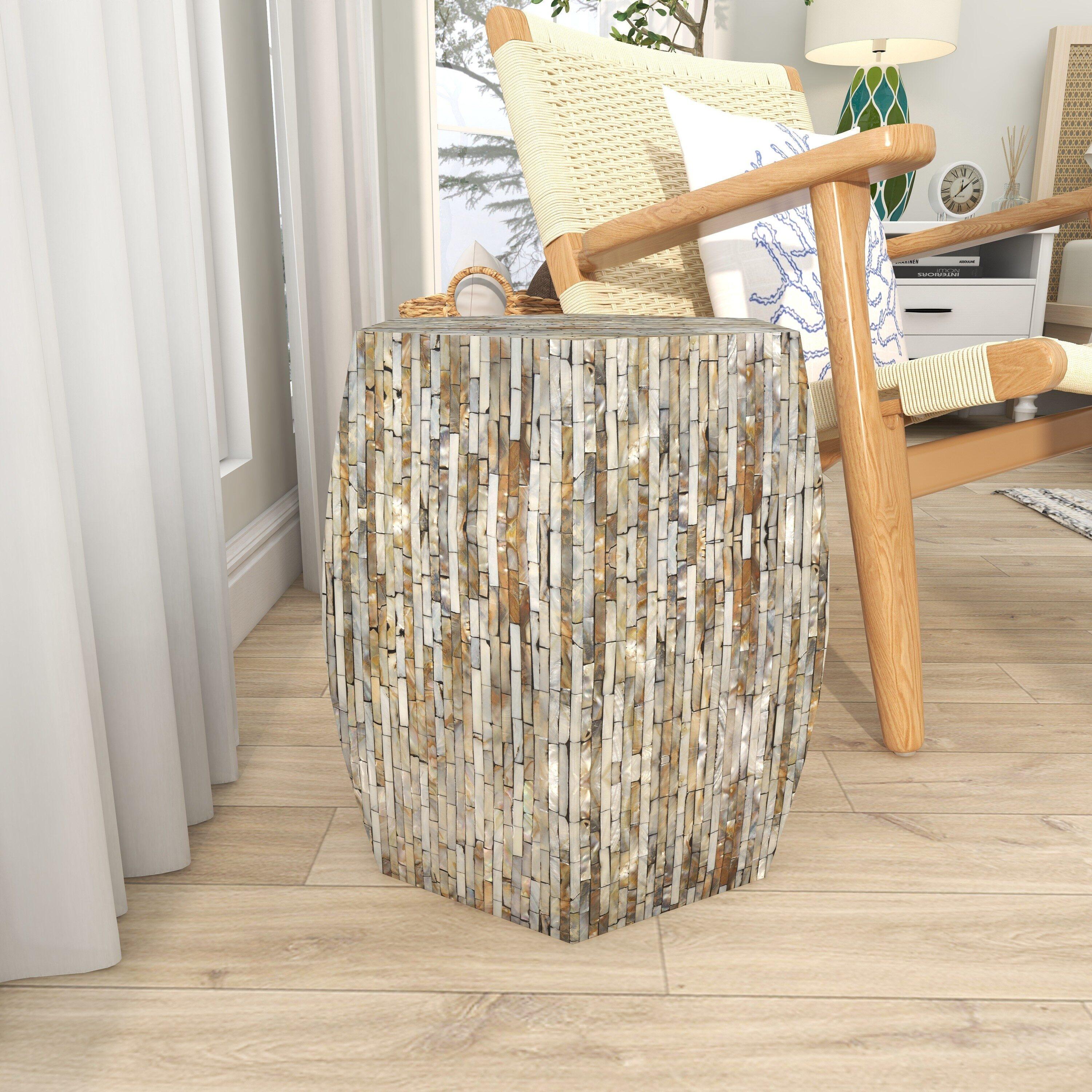 Wrought Studio™ Alissa Mother of Pearl Shell Handmade Shell Mosaic Hexagon Side End Gray Accent Table with Brown Accents