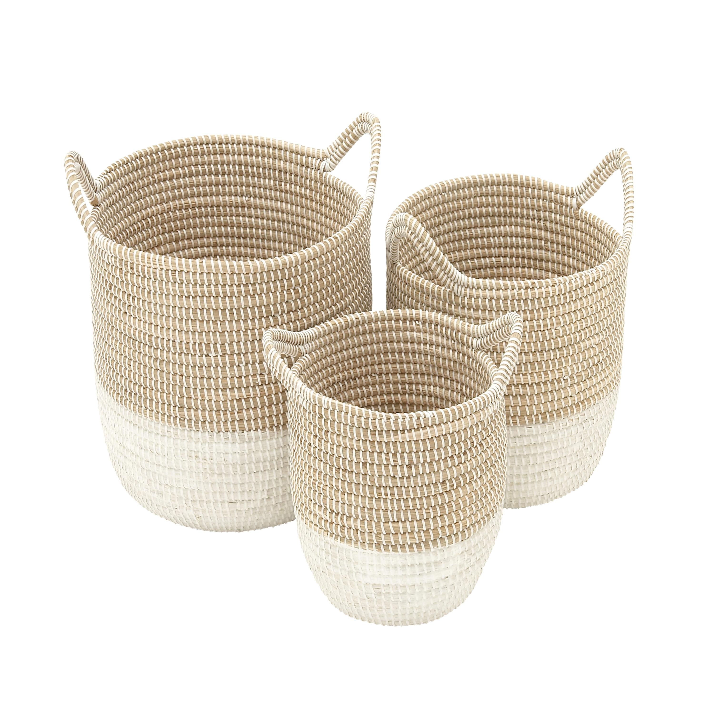 CosmoLiving by Cosmopolitan 13", 16", 18"W Brown Seagrass Handmade Two Toned Storage Basket with Handles, 3-Pieces