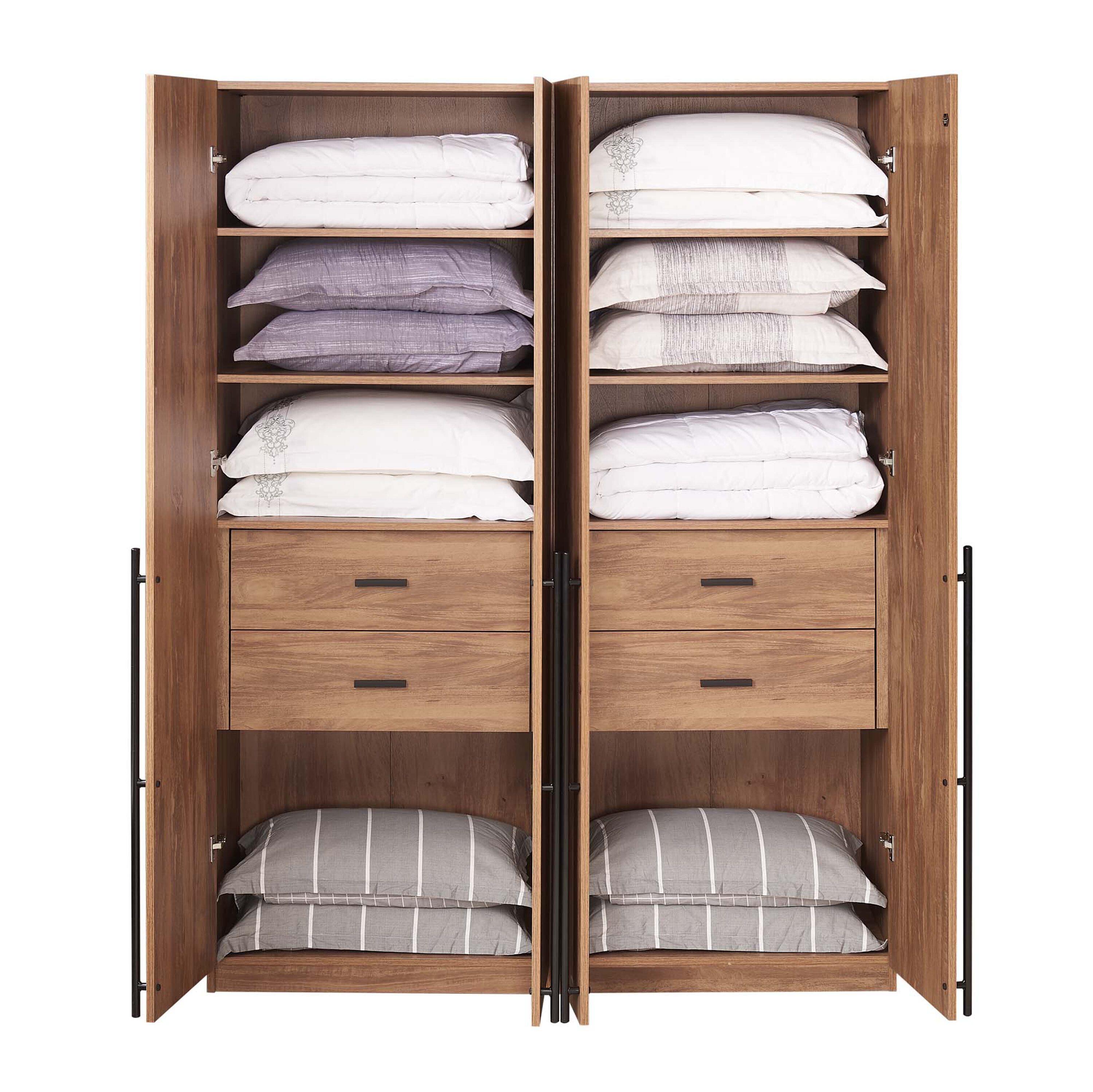 Manhattan Comfort Set of 2 Lee 2 Door and 2 Drawer Wardrobe Closets Golden Brown: Modern MDF, Metal Hardware, 8 Shelves