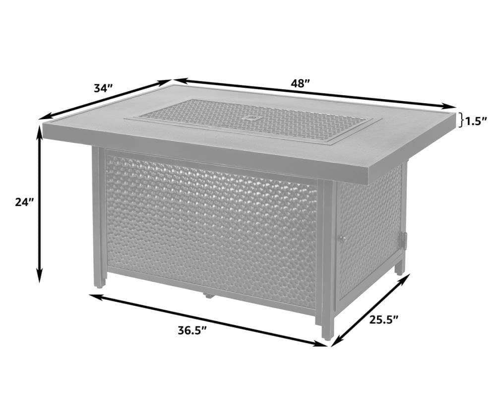 Fire Sense 48” Weyland Hammered Aluminum Gas Fire Pit 55,000 BTU Multi-Functional - Protective Cover and Clear Fire Glass - Rectangle - Bronze Finish