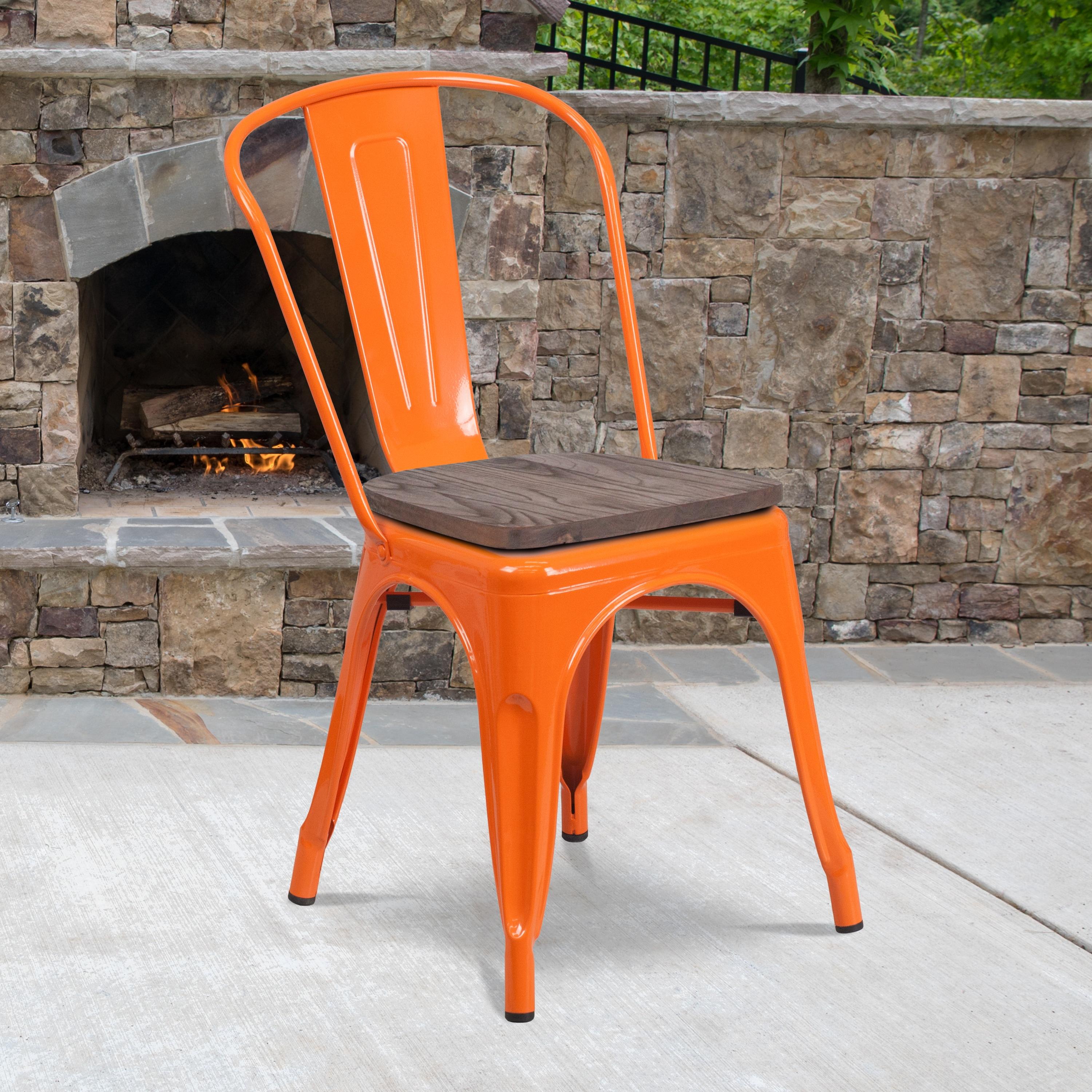 Flash Furniture Orange Metal Stackable Chair with Wood Seat