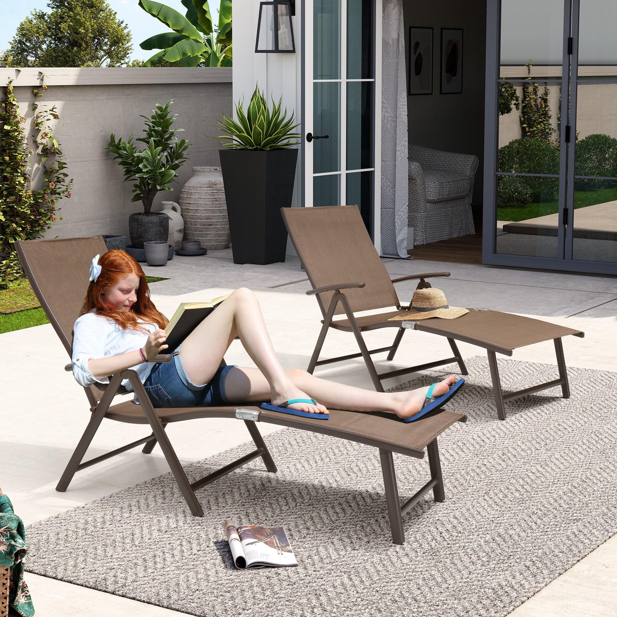 Crestlive Products  Outdoor Aluminum Folding Recliner Adjustable Chaise Lounge (Set of 2) - See Picture Brown Fabric, Brown Farme