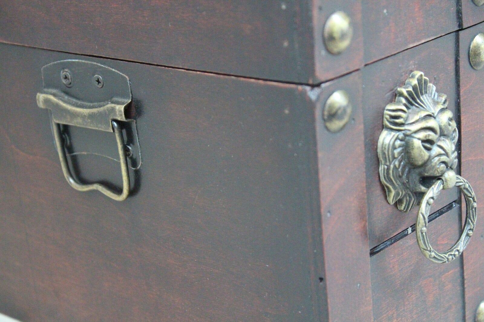 Quickway Imports Antique Wooden Pirate Treasure Chest with Lion Rings and Lockable Latch