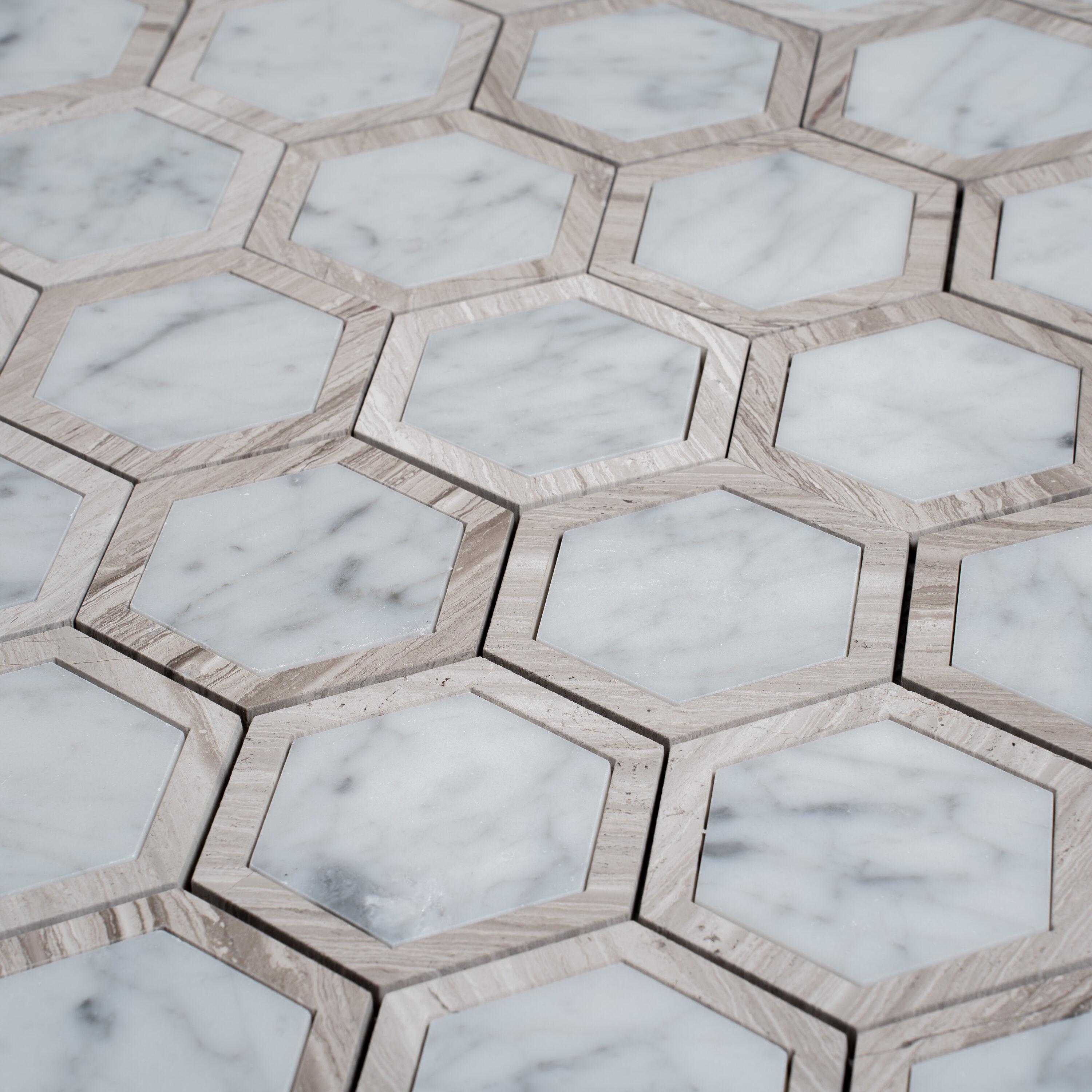 Apollo Tile 12 x 13.5 Bianco Carrara, Wooden Grey Marble Random Mosaic Tile