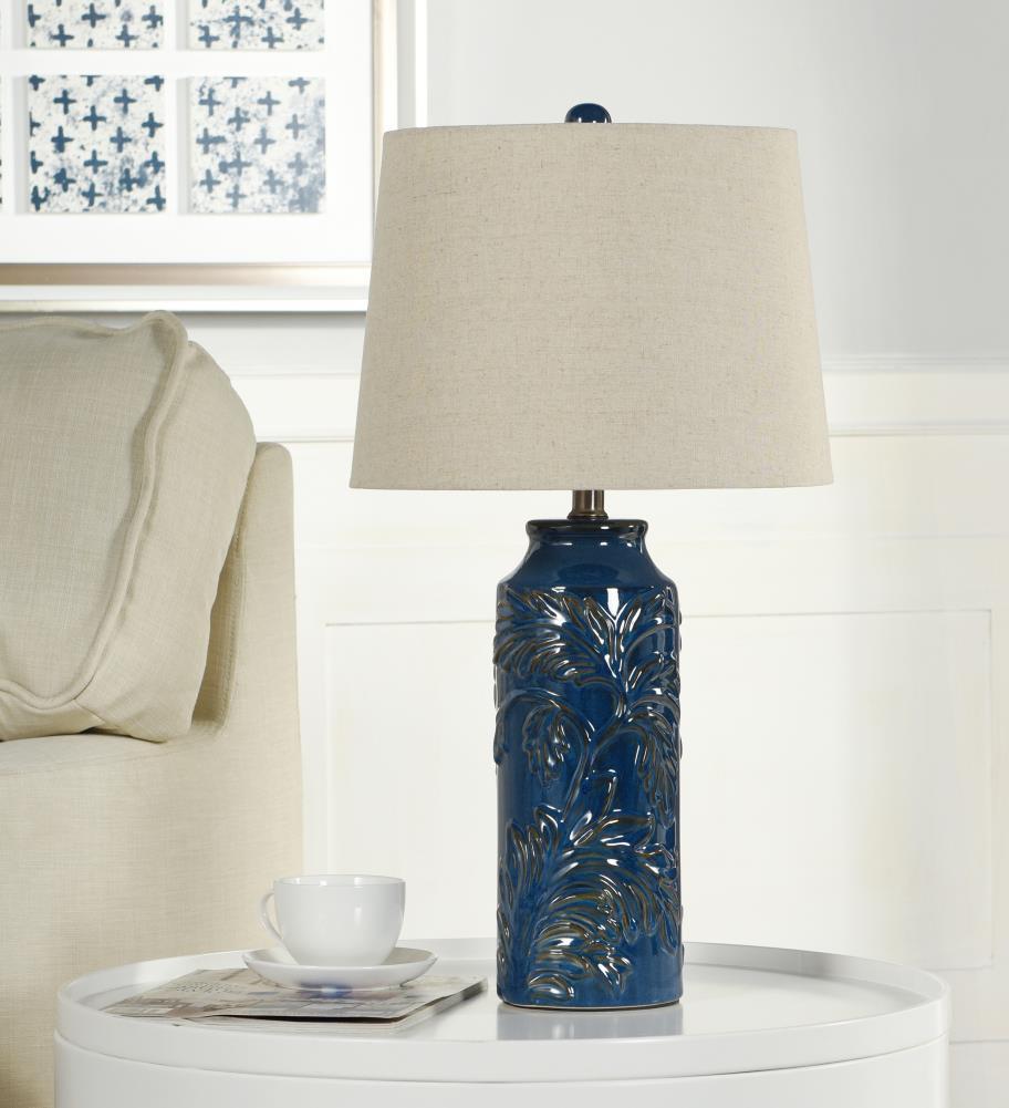 Set of 2 Cloverfield Ceramic Table Lamps Navy Blue - StyleCraft: Botanical Pattern, White Linen Shade