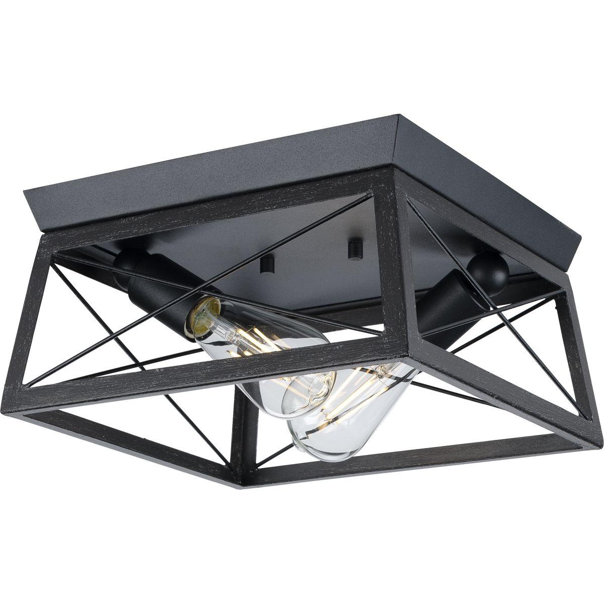 Progress Lighting, Briarwood, 2-Light Flush Mount, Textured Black, Faux-Painted Wood Enclosure