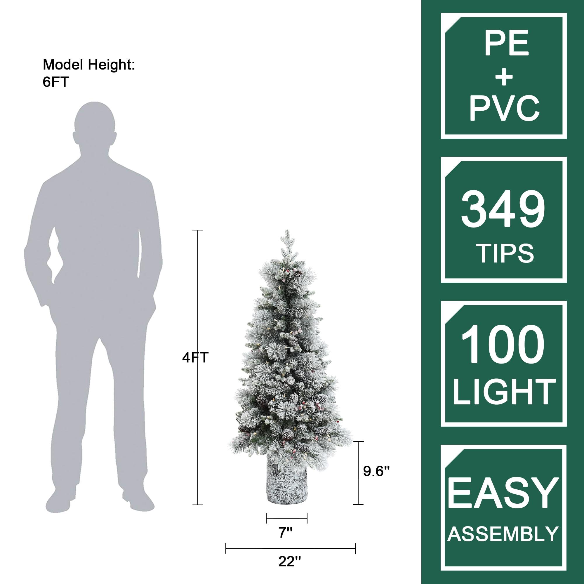 LuxenHome 4' Pre-Lit Green Flocked Potted Artificial Christmas Tree