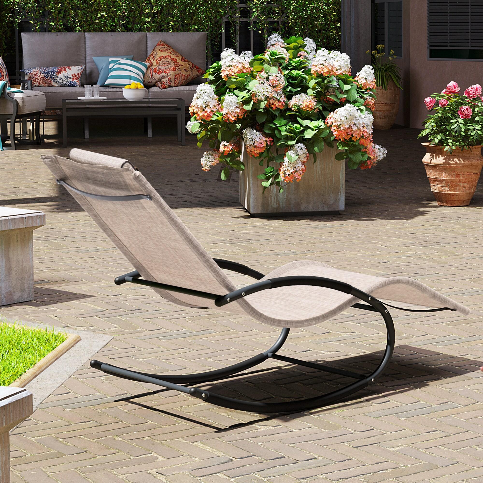Crestlive Products Patio Outdoor Rocking Chair Curved Rocker Chaise Lounge Chair with Pillow Beige