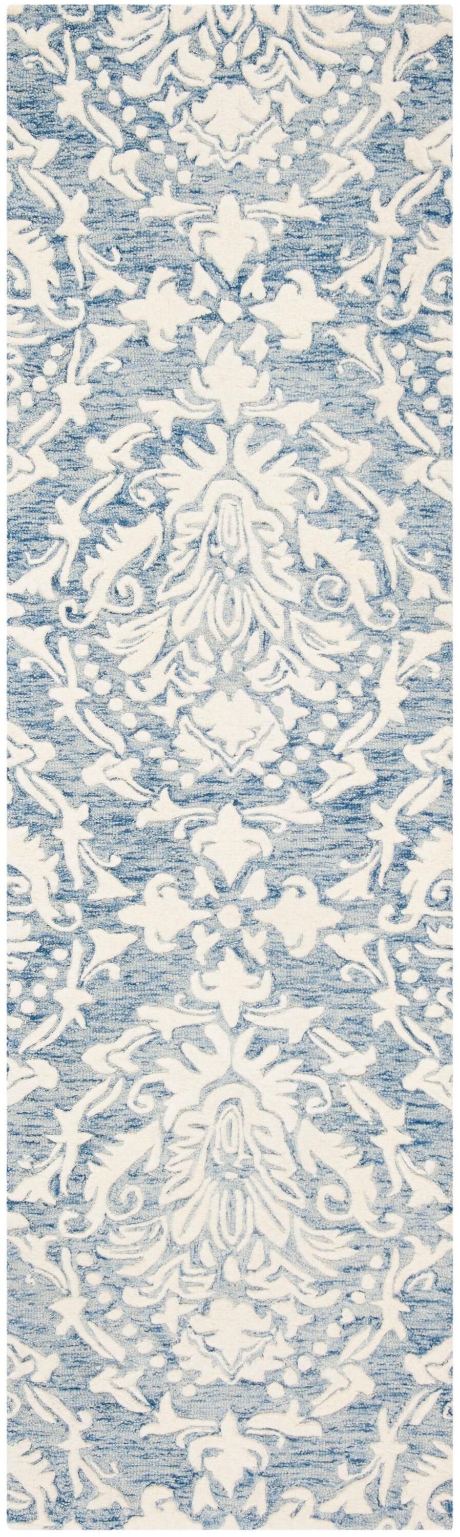 Elegant Blue Floral Hand-Tufted Wool Runner Rug 2'3" x 8'