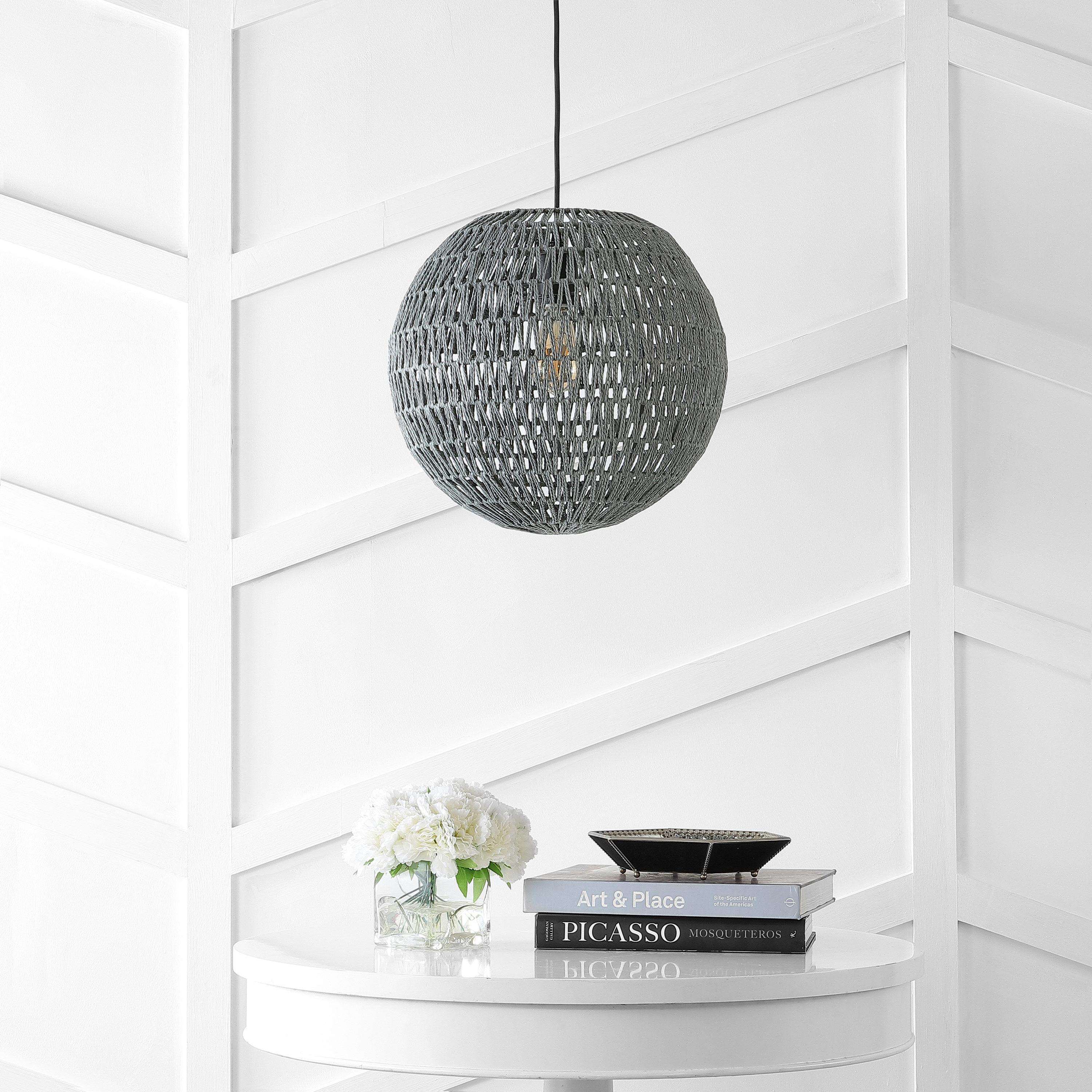 Luna 15.75" 1-Light Bohemian Modern Woven Rattan/Iron LED Pendant, Grey/Black