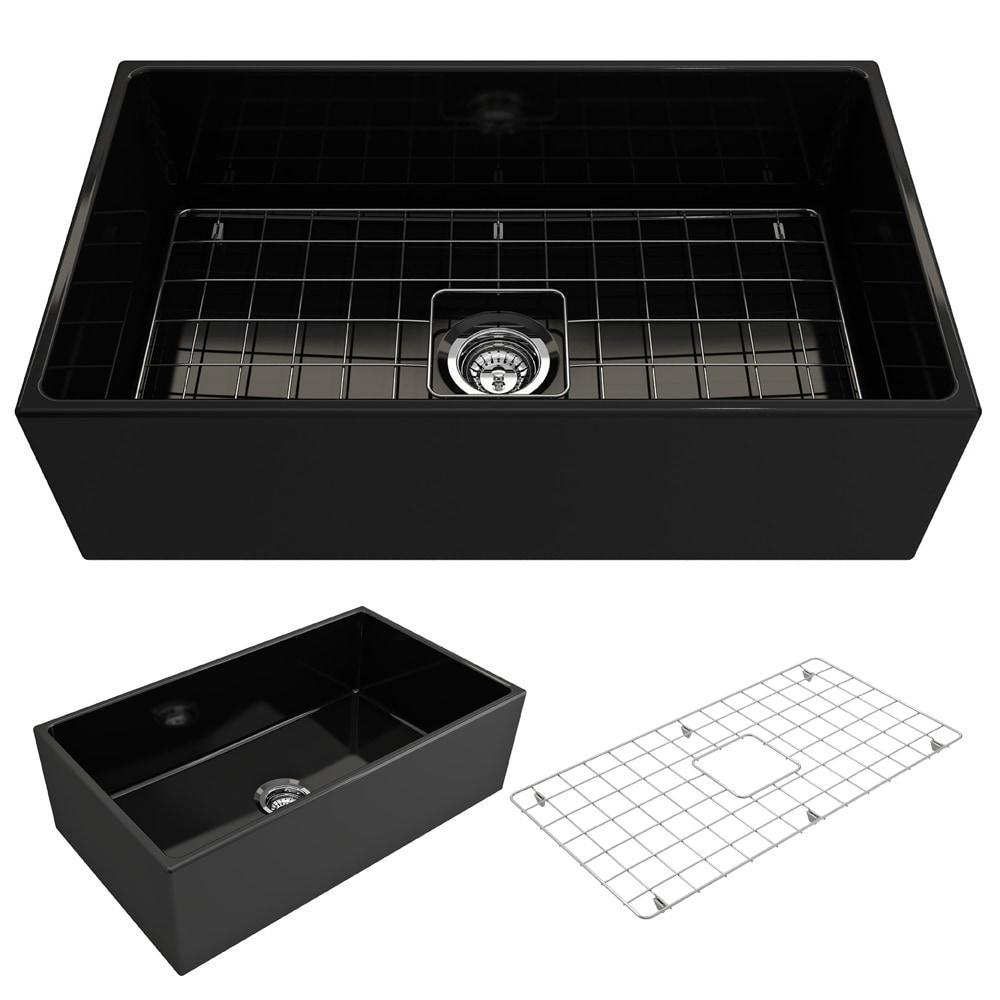 BOCCHI Contempo Farmhouse Apron Front Fireclay 33 in. Single Bowl Kitchen Sink with Protective Bottom Grid and Strainer in Matte Gray