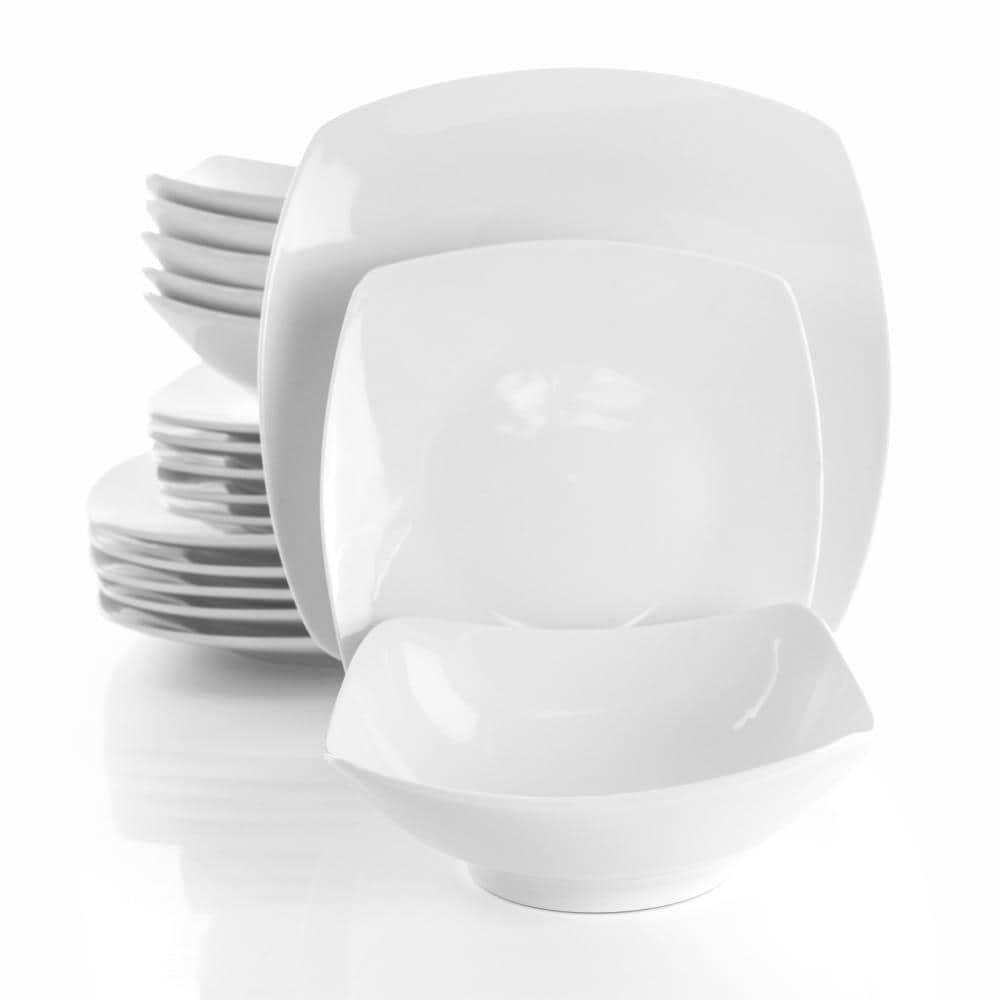 18pc Porcelain Newman Square Dinnerware Set White - Elama: Microwave & Dishwasher Safe, Service for 4, Solid Pattern