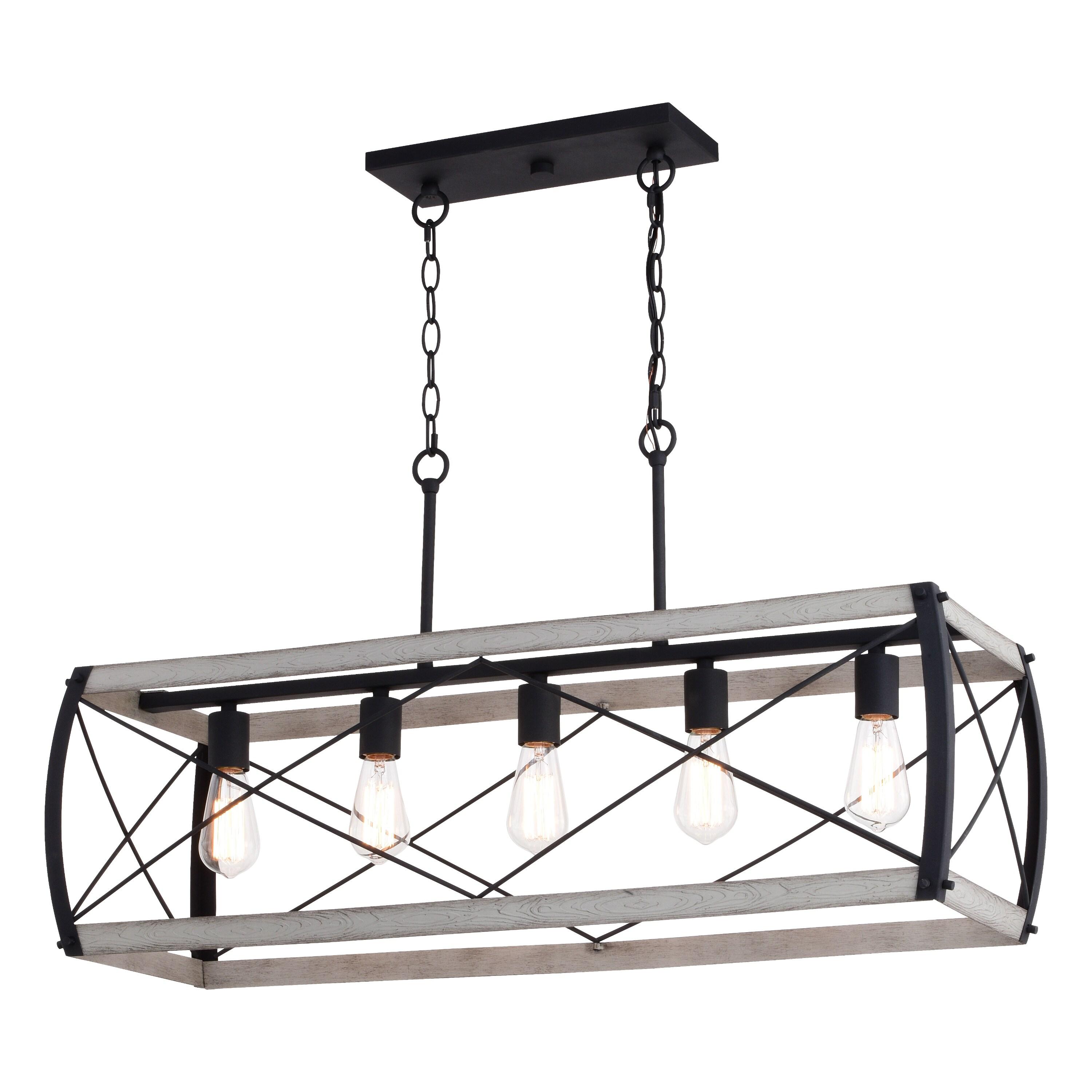 VAXCEL Montclare 5L Black and White Ash Wood Farmhouse Cage Linear Chandelier Island Pendant Light Fixture