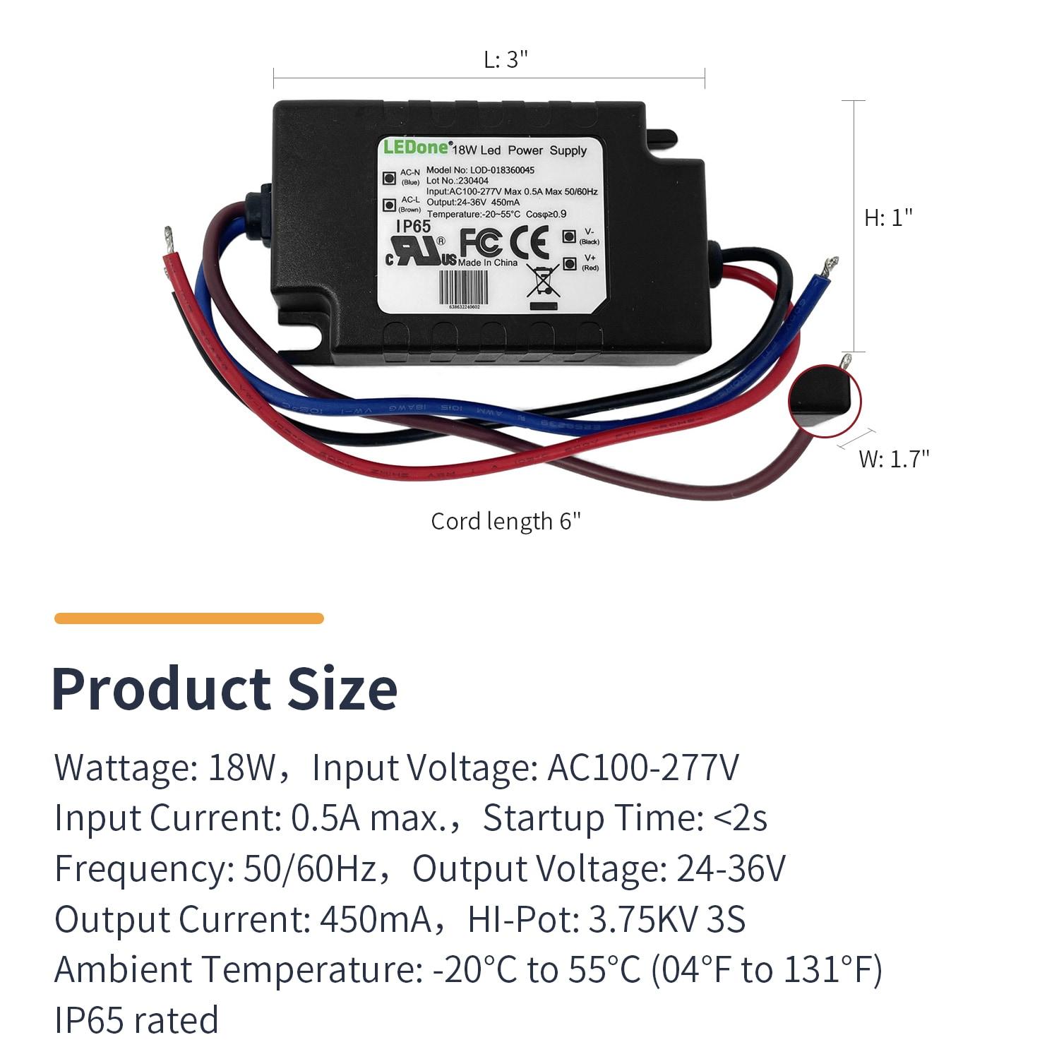 LEDONE LED Driver 450mA (Constant Current Output), 18W Waterproof IP65 LED Power Supply Lighting Transformer 100V-270V AC to 24-36V DC Low Voltage Output for Outdoor or Indoor LED Lights