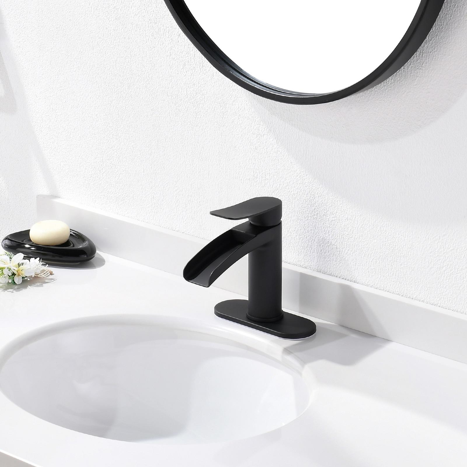 Phiestina Matte Black Single Hole Waterfall Bathroom Sink Faucet Single Handle, with 6-Inch Deck Plate & Metal Pop Up Drain Assembly, NS-SF01-MB