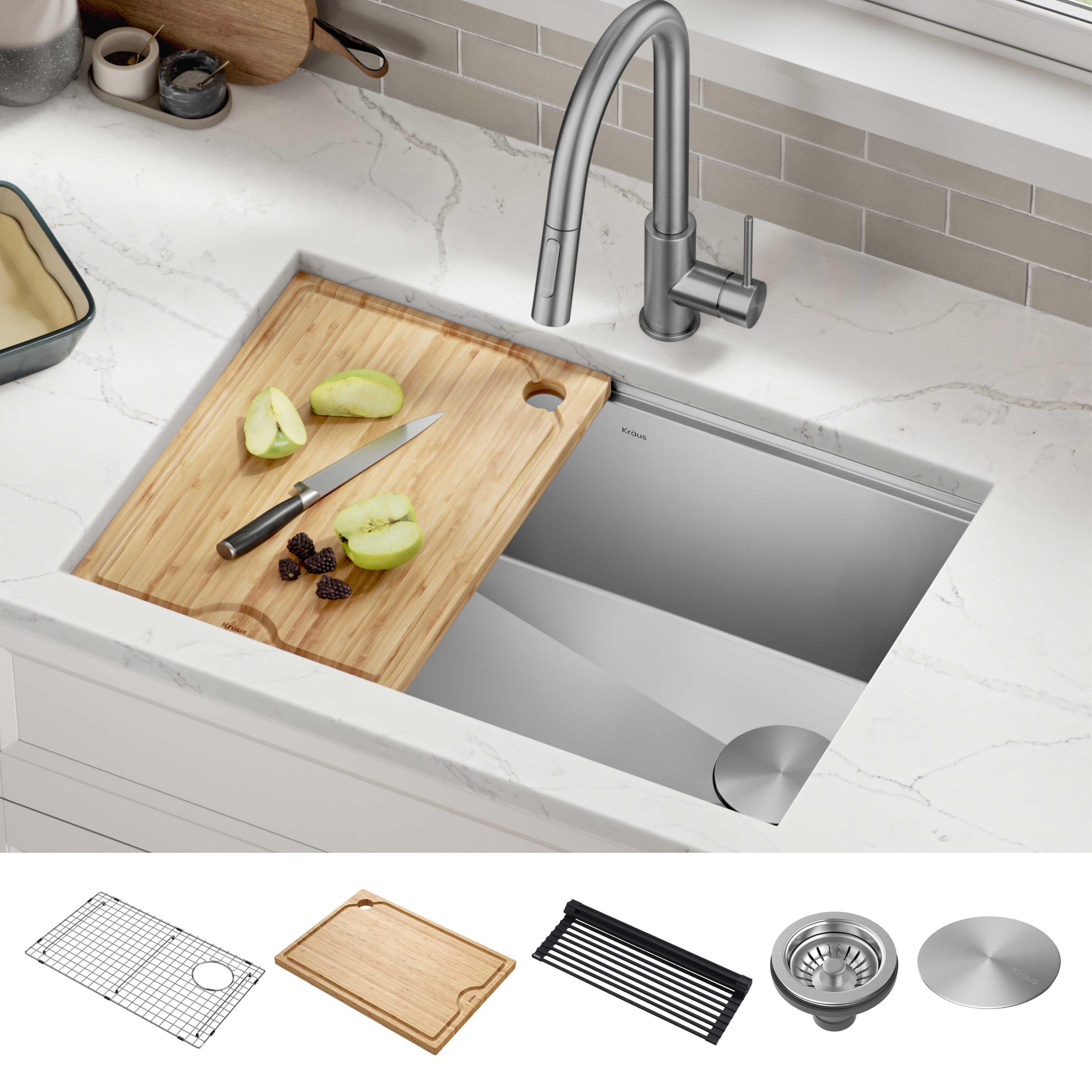 KRAUS Kore™ 28" L Undermount Workstation 16 Gauge Stainless Steel Single Bowl Kitchen Sink with Accessories