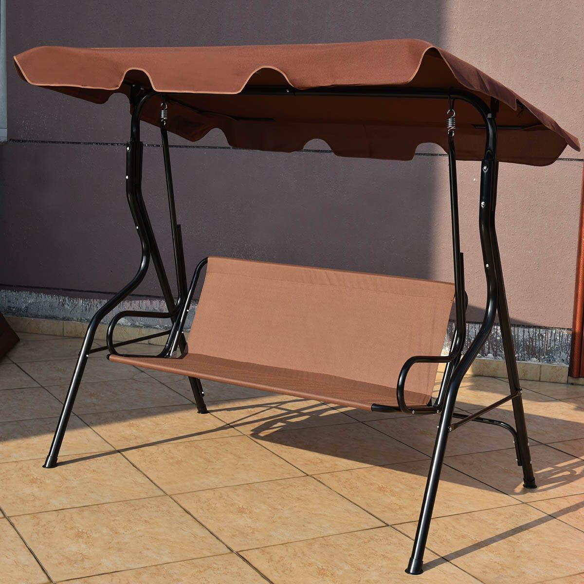 GVN 3 Seats Patio Canopy Swing-Brown, Porch Swing Hanging Bench, Outdoor Swing Bench for Patio, Yard, Garden