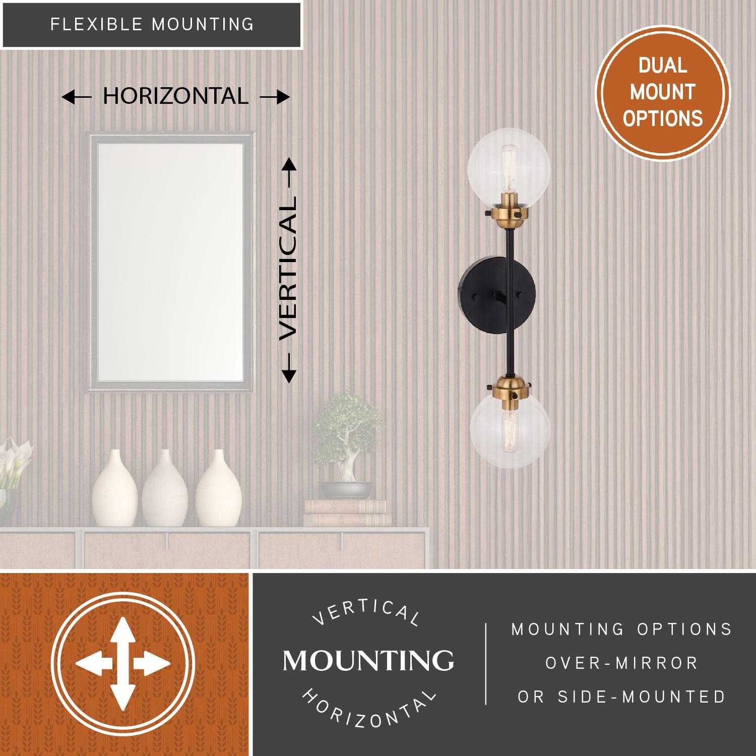 Vaxcel Orbit 2 Light Brass and Oil Rubbed Bronze Industrial MCM Wall Sconce Clear Glass Globe