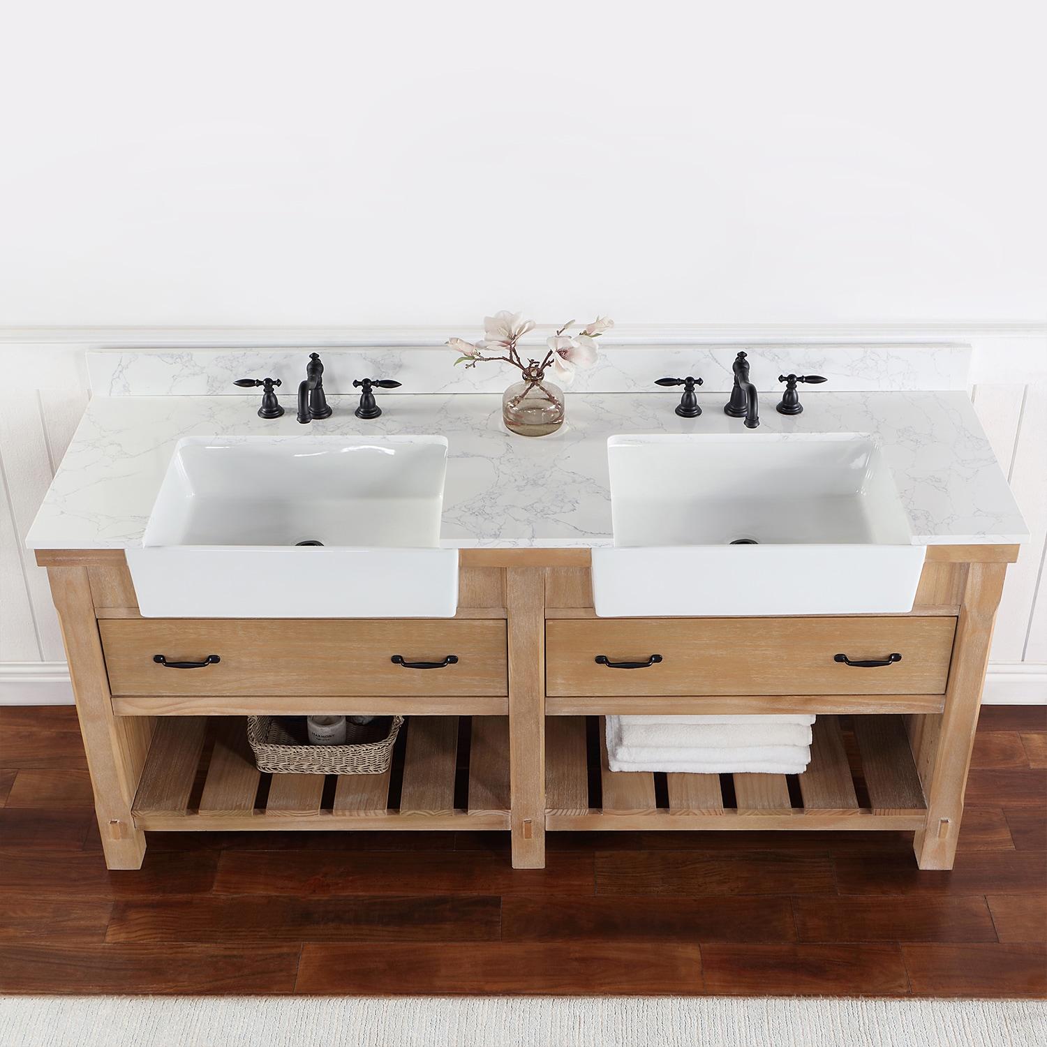 Villareal 72" Double White Farmhouse Basin Bath Vanity in Weathered Pine Wood