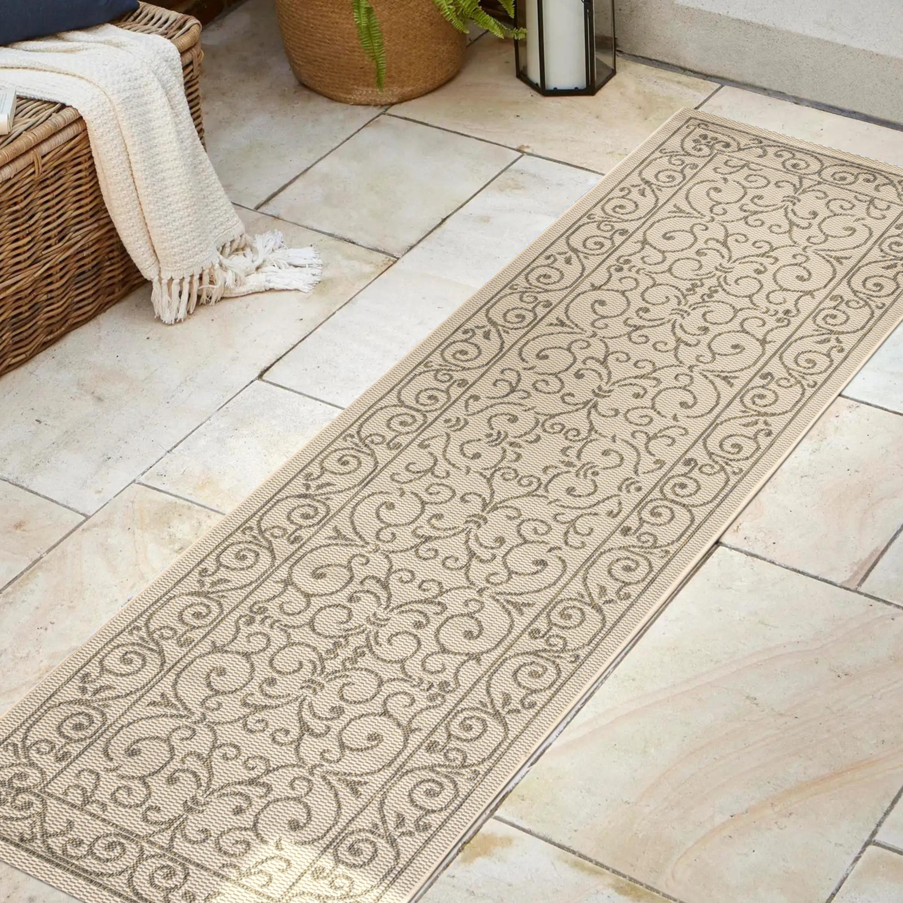 2' X 10' Charleston Vintage Filigree Textured Weave Indoor/Outdoor Runner Rug, Beige/Brown - JONATHAN Y