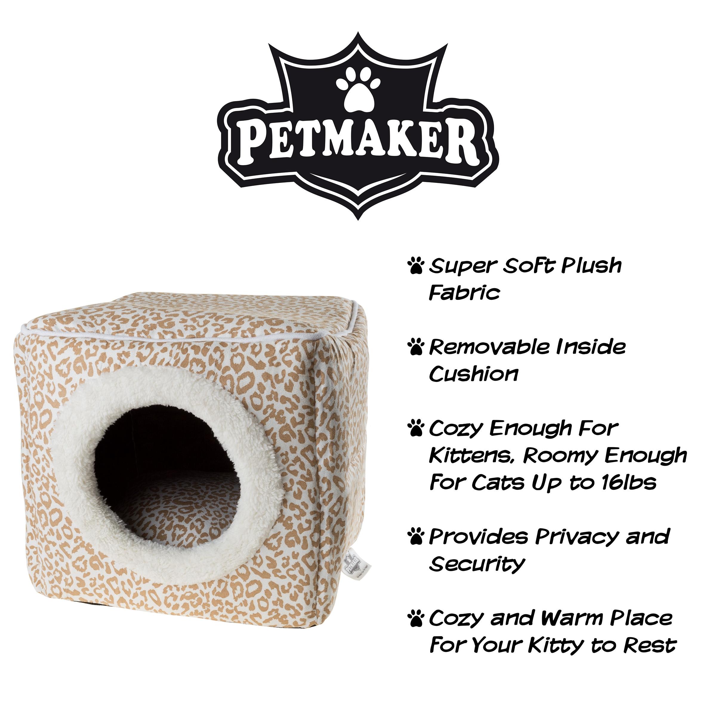 Enclosed Cat Cave Hideout Pet Bed Tan Animal Print Removable Cushion