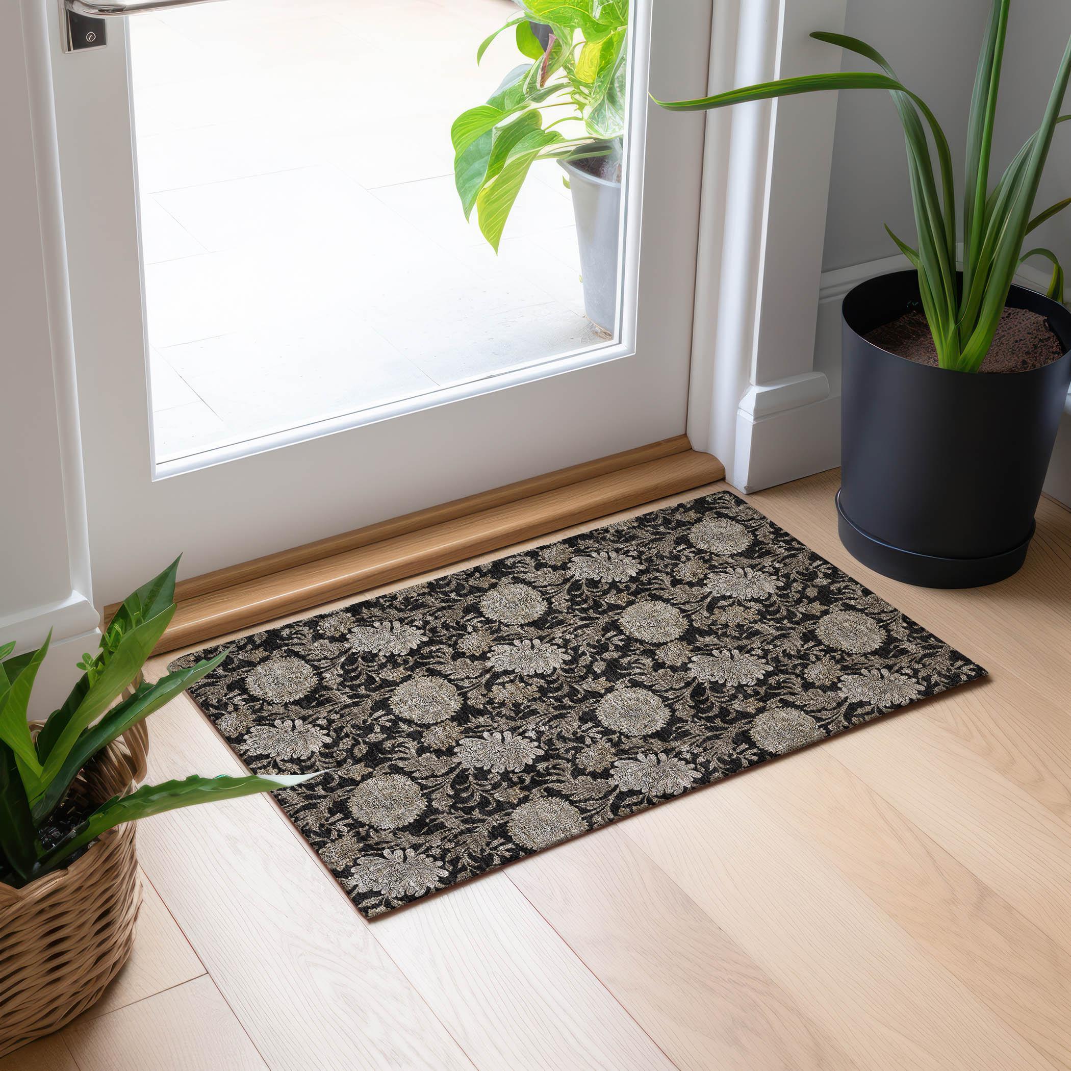 Addison Rugs Machine Washable Indoor/ Outdoor Chantille Floral Rug Black - 1'8" x 2'6"