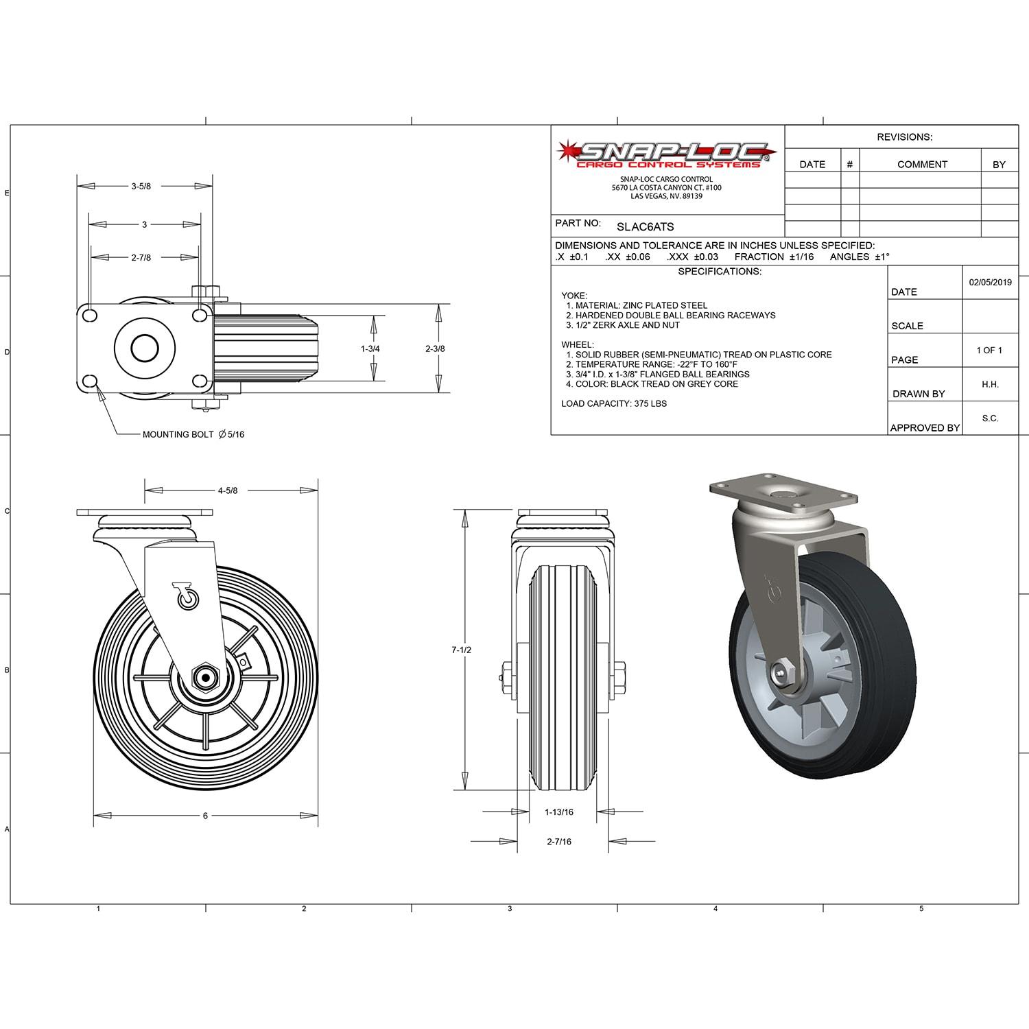 Snap-Loc 375 lb Caster 6 Inch All-Terrain Solid Rubber Swivel