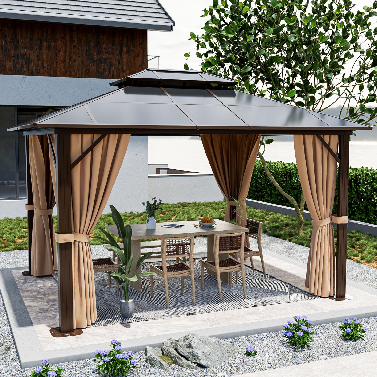 Aoxun 10'x12' Hardtop Gazebo, Aluminum Frame Permanent Pavilion with Curtains and Netting, Outdoor Polycarbonate Gazebo, Double Roof Canopy, for Gardens, Patios, Lawns