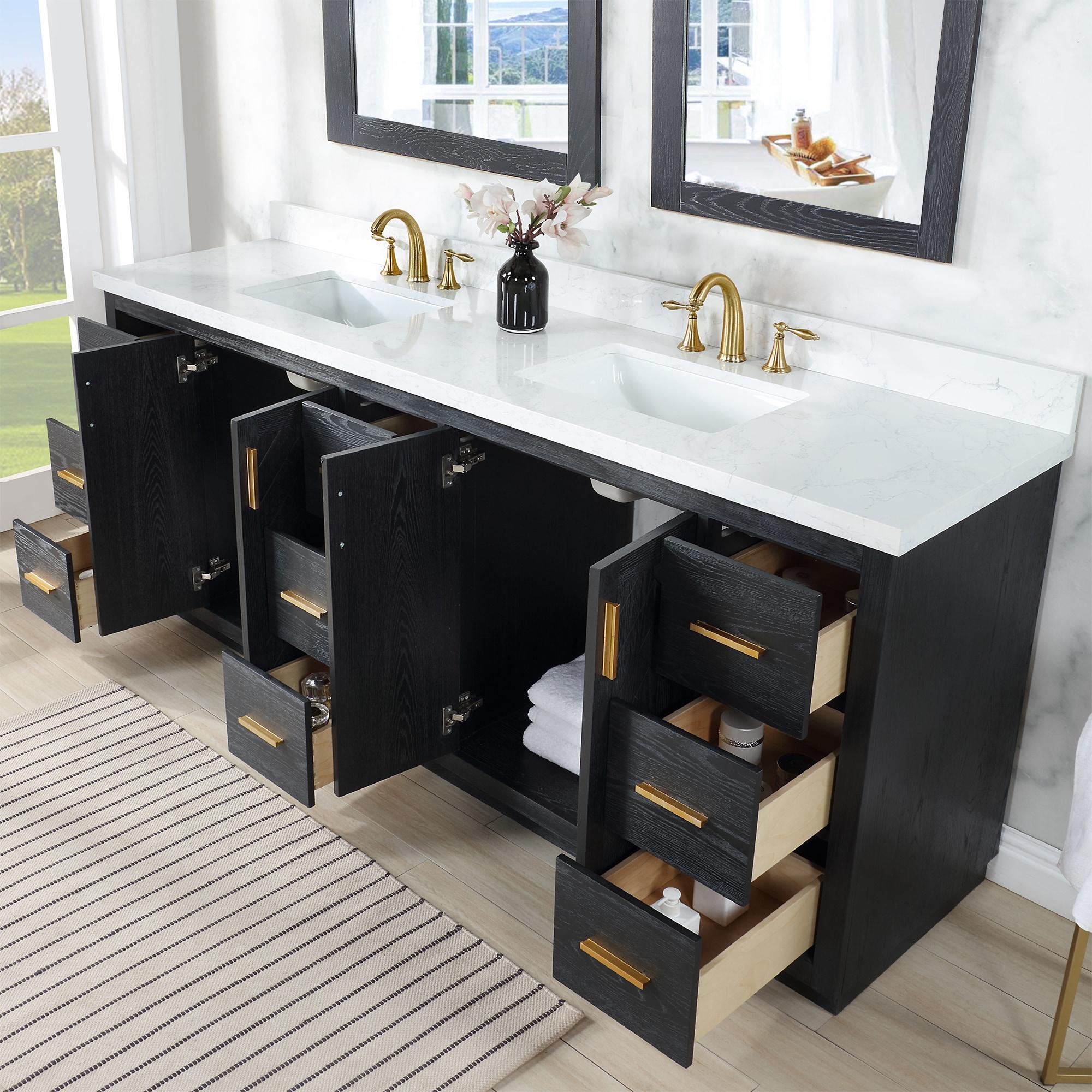 Altair Gazsi Wood Vanity with Composite Stone Top, 84" Black Oak, No Mirror