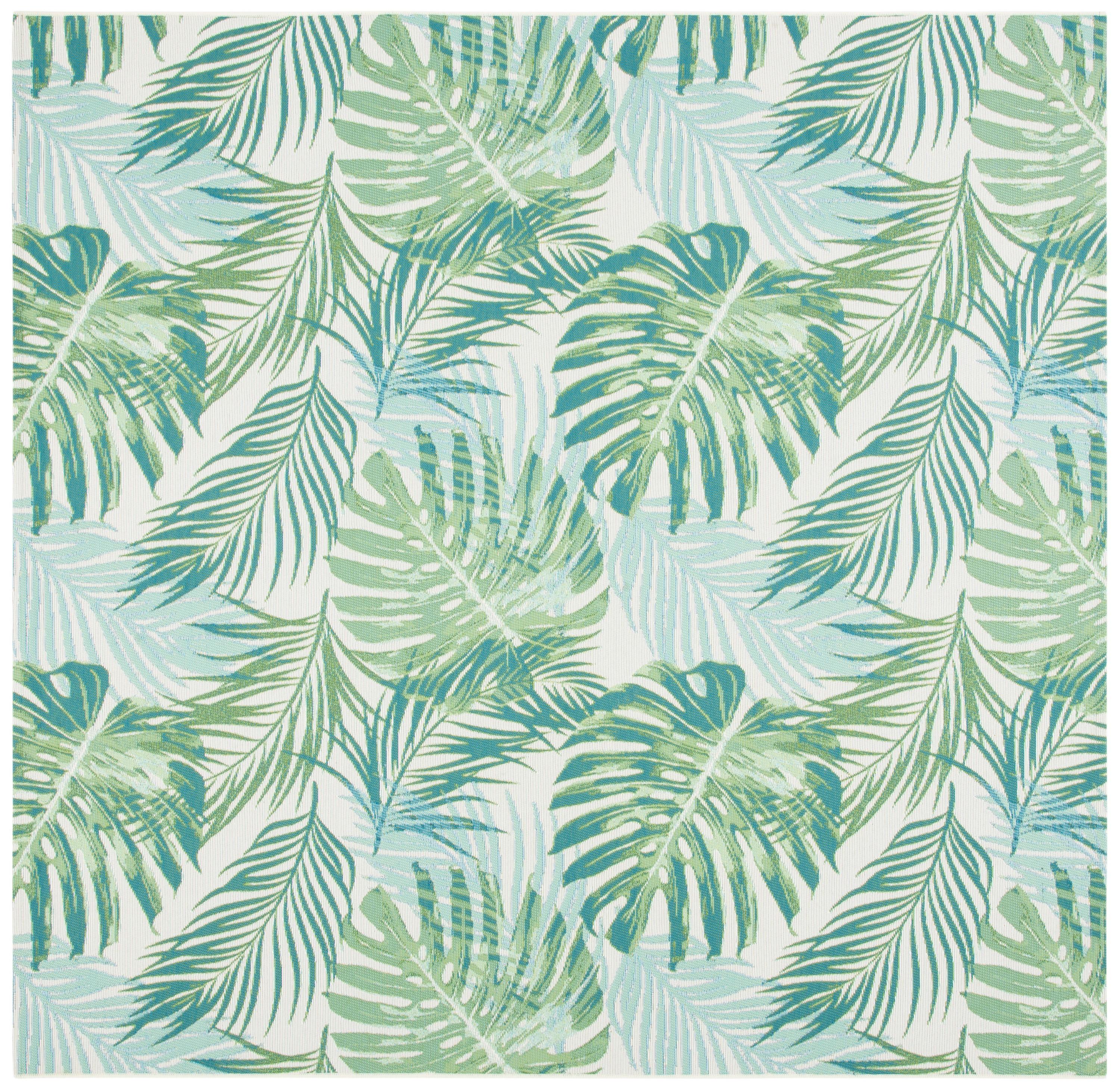 Barbados Green and Teal Tropical Botanical Square Indoor/Outdoor Rug
