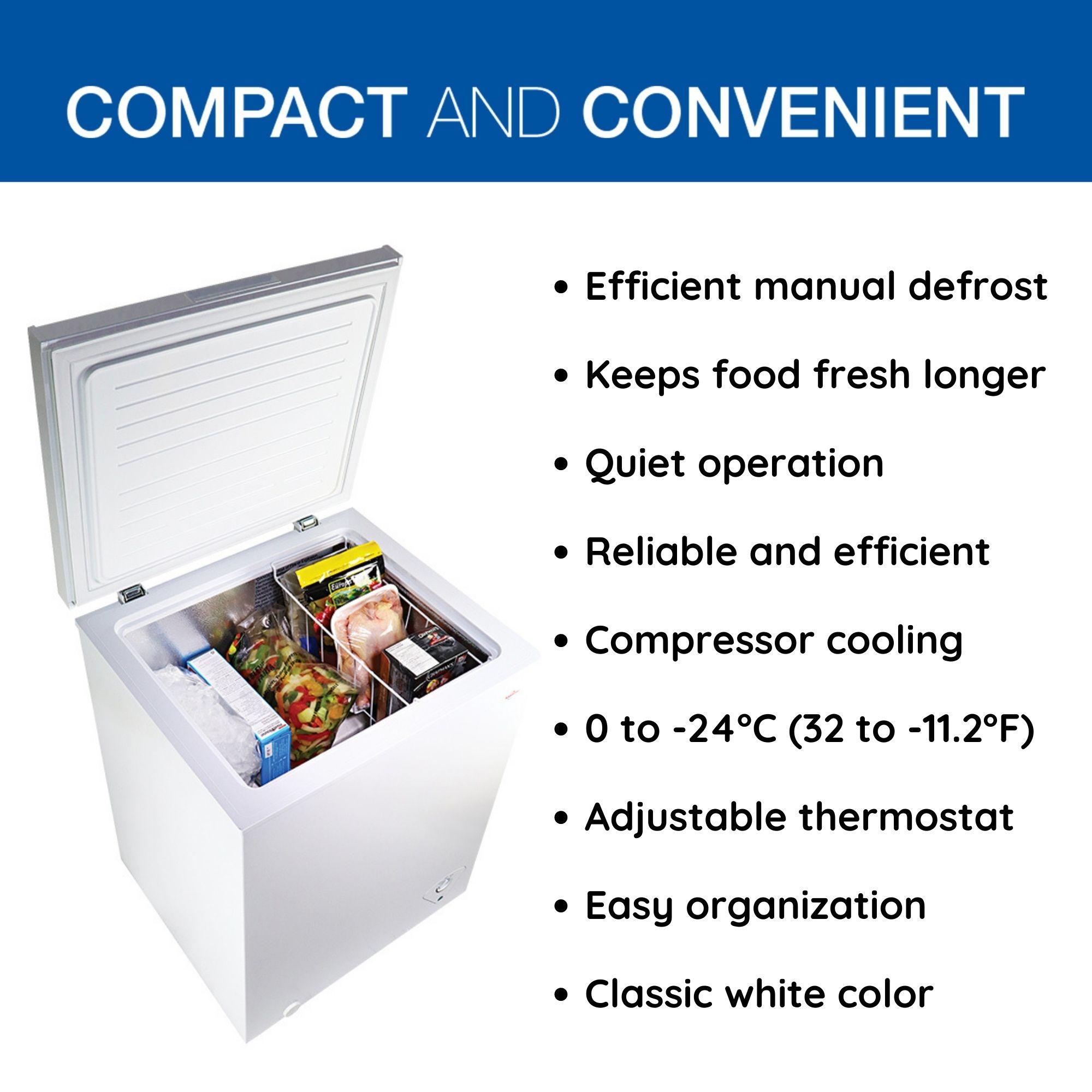 Koolatron 3.5 cu ft Compact Chest Freezer 99L White Manual Defrost Deep Freeze Storage Basket Space-Saving Flat Back