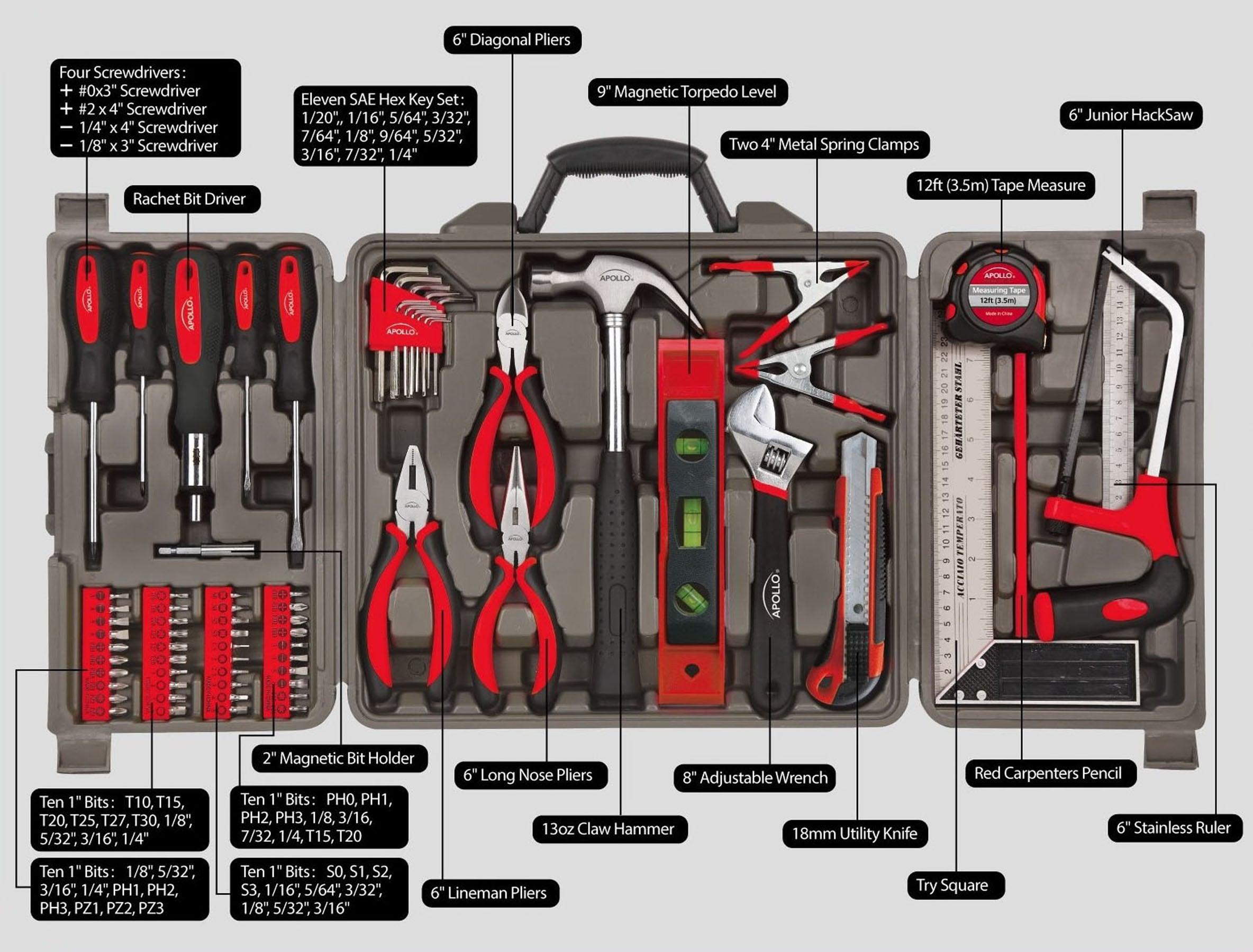 Apollo Tools 71pc DT0204 Household Tool Kit Red: Comfort-Grip, Steel & Rubber, Easy Storage, Lifetime Warranty