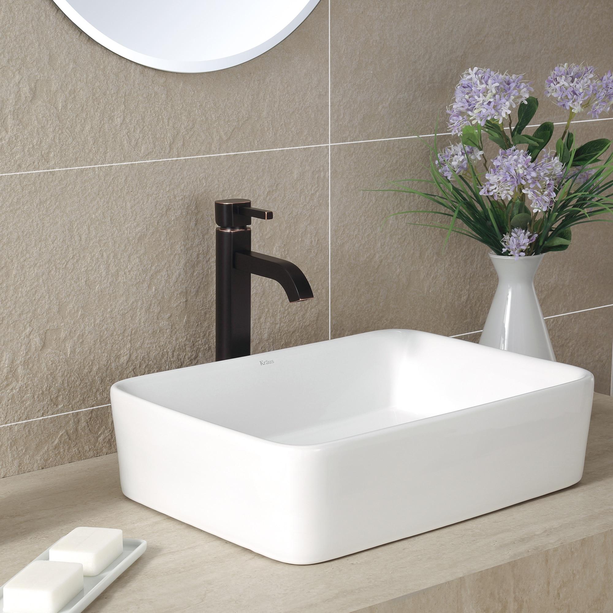 KRAUS Rectangular Ceramic Vessel Bathroom Sink in White with Pop-Up Drain in Oil Rubbed Bronze