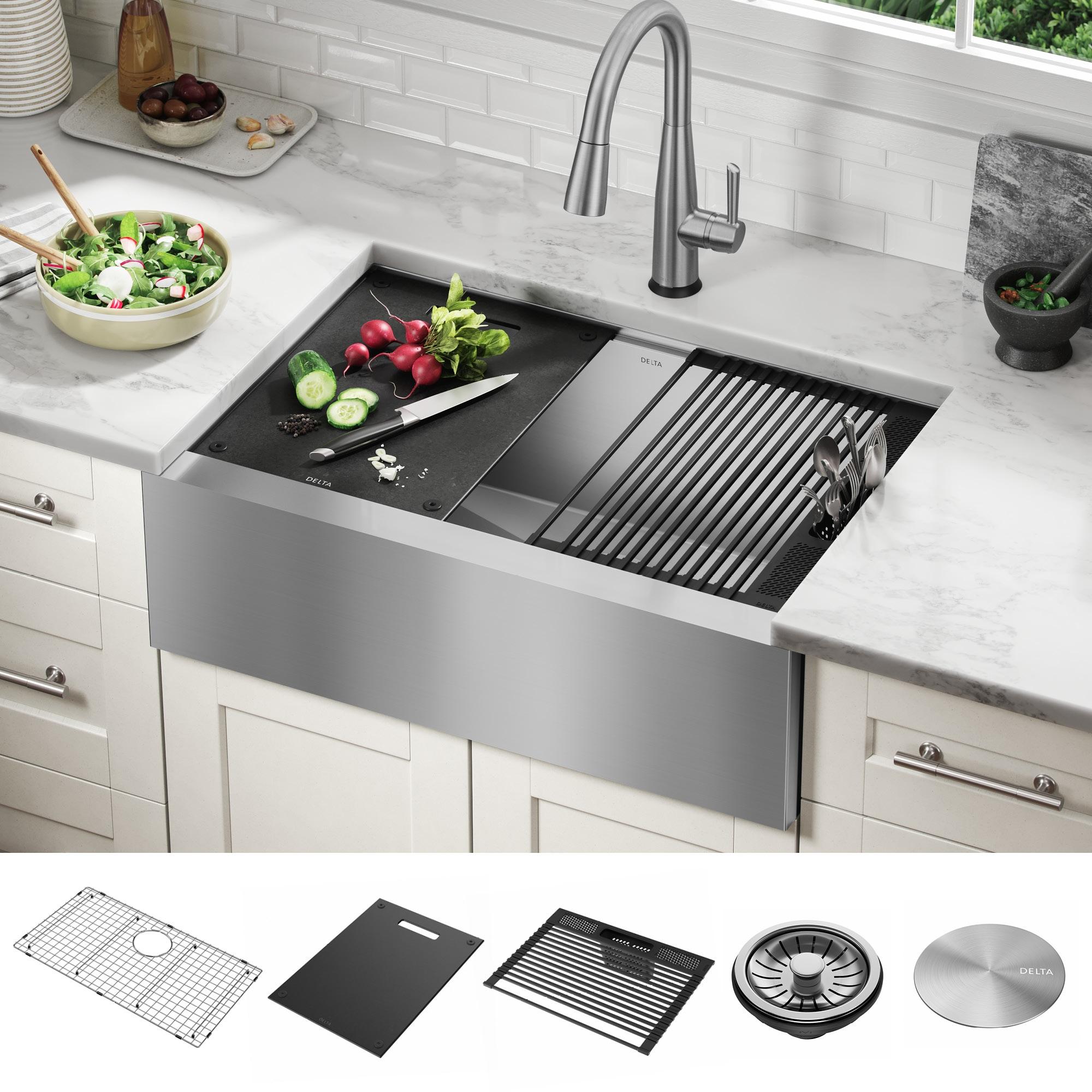 Delta Rivet™ 30" L Workstation Farmhouse Apron Front Kitchen Sink Undermount 16 Gauge Stainless Steel Single Bowl