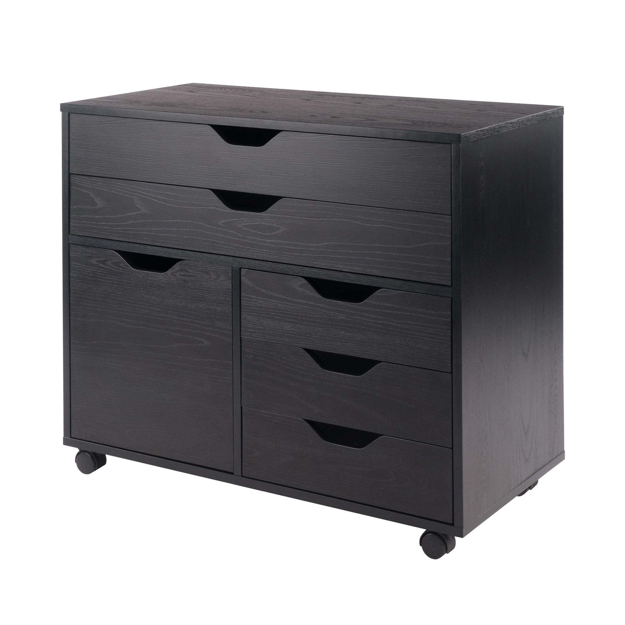 Halifax 3 Section Mobile Storage Cabinet Black - Winsome: MDF Wood Composite, 5 Drawers, 1 Door