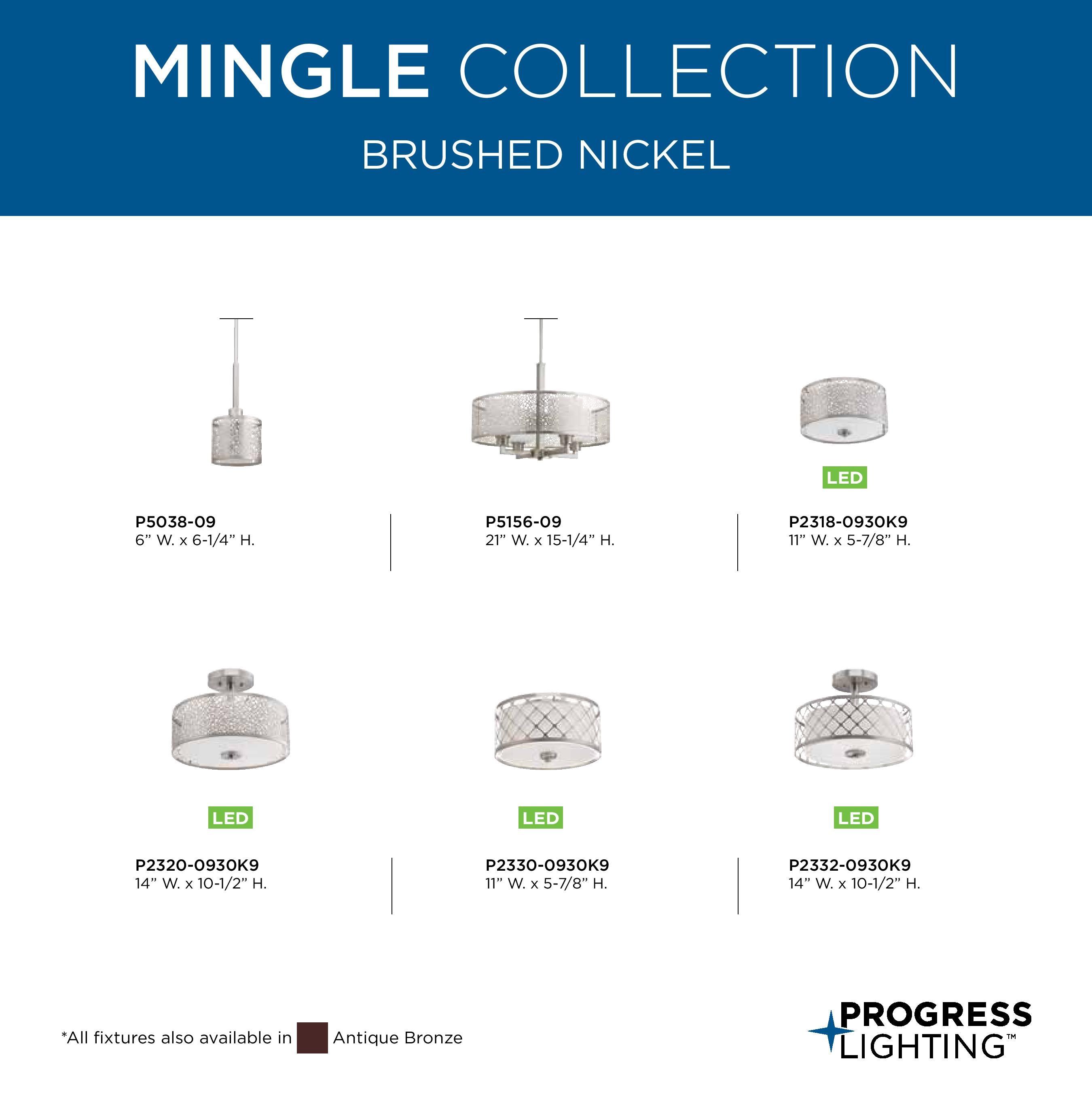 Progress Lighting Mingle 1-Light Semi-Flush LED Fixture, Brushed Nickel, Etched Parchment Glass Shade