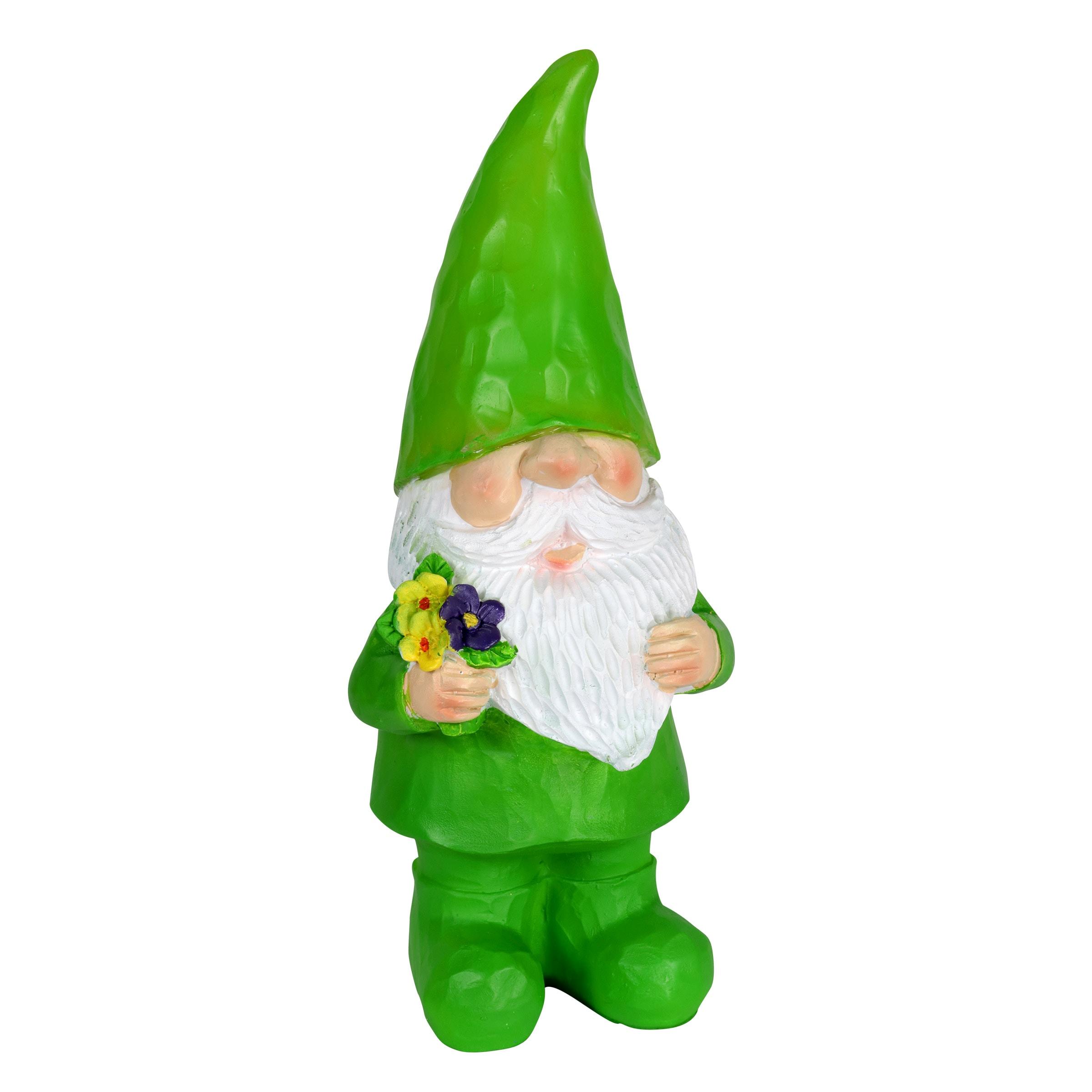 Green LED Solar-Powered Resin Garden Gnome with Flowers