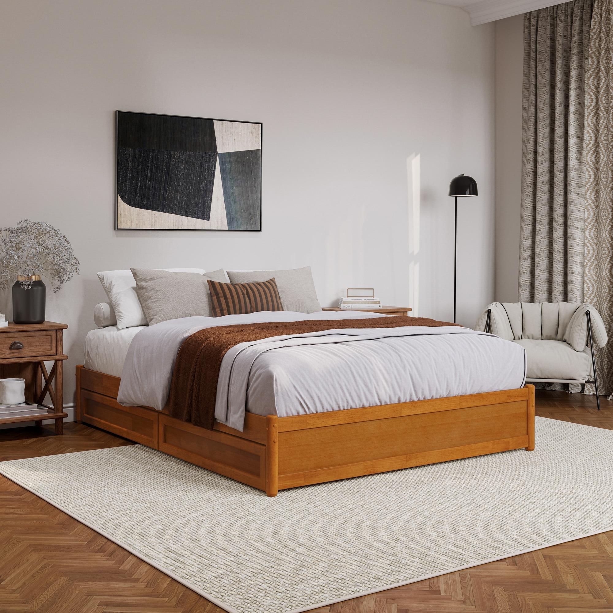 Barcelona Queen Wood Panel Platform Bed with Storage Drawers in Light Toffee