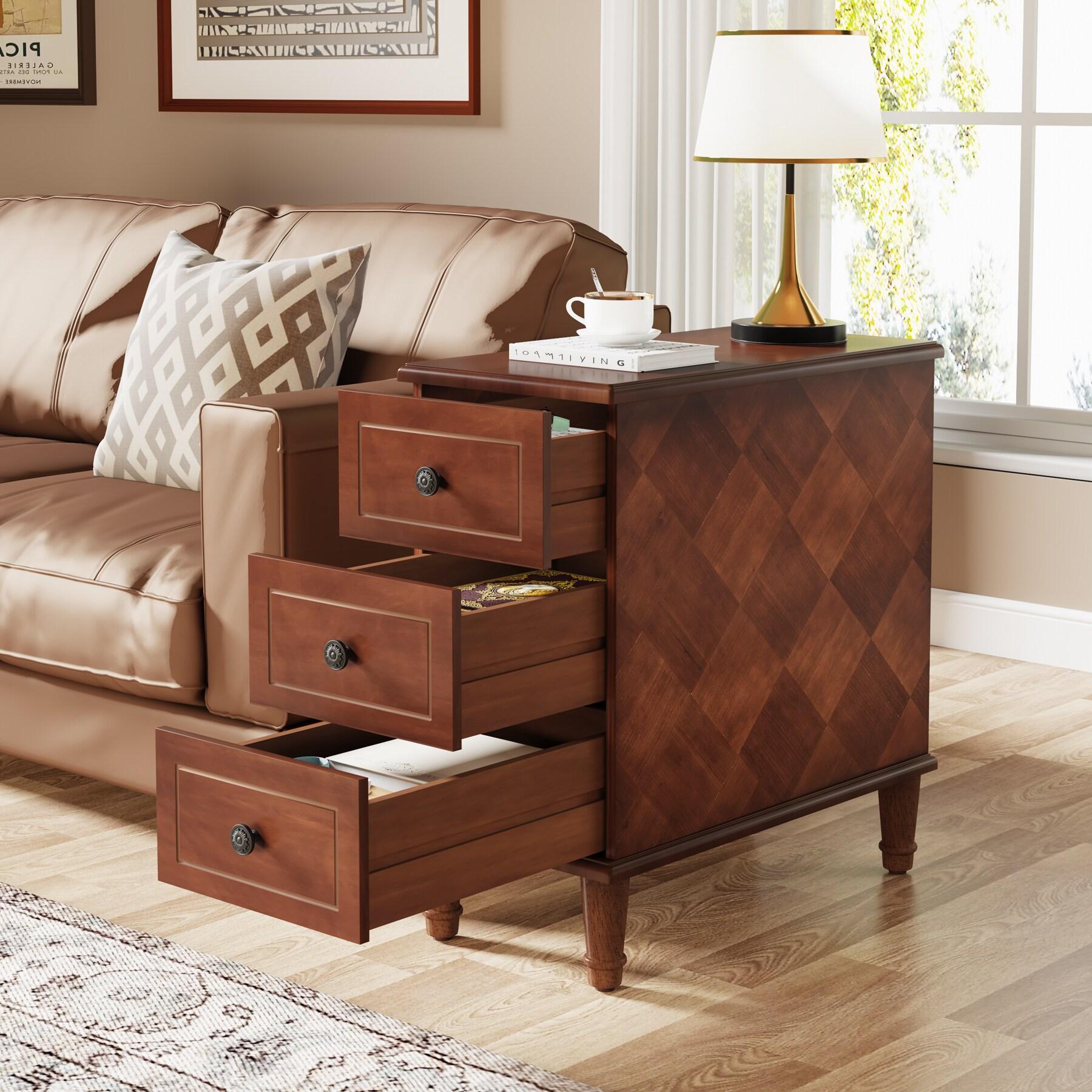 Hokku Designs Solid Wood End Table, Fully Assembled Narrow Side Table With Drawers, Pre-Assembled Nightstand Slim Bedside Table For Small Spaces, Living Room, Bedroom, Brown