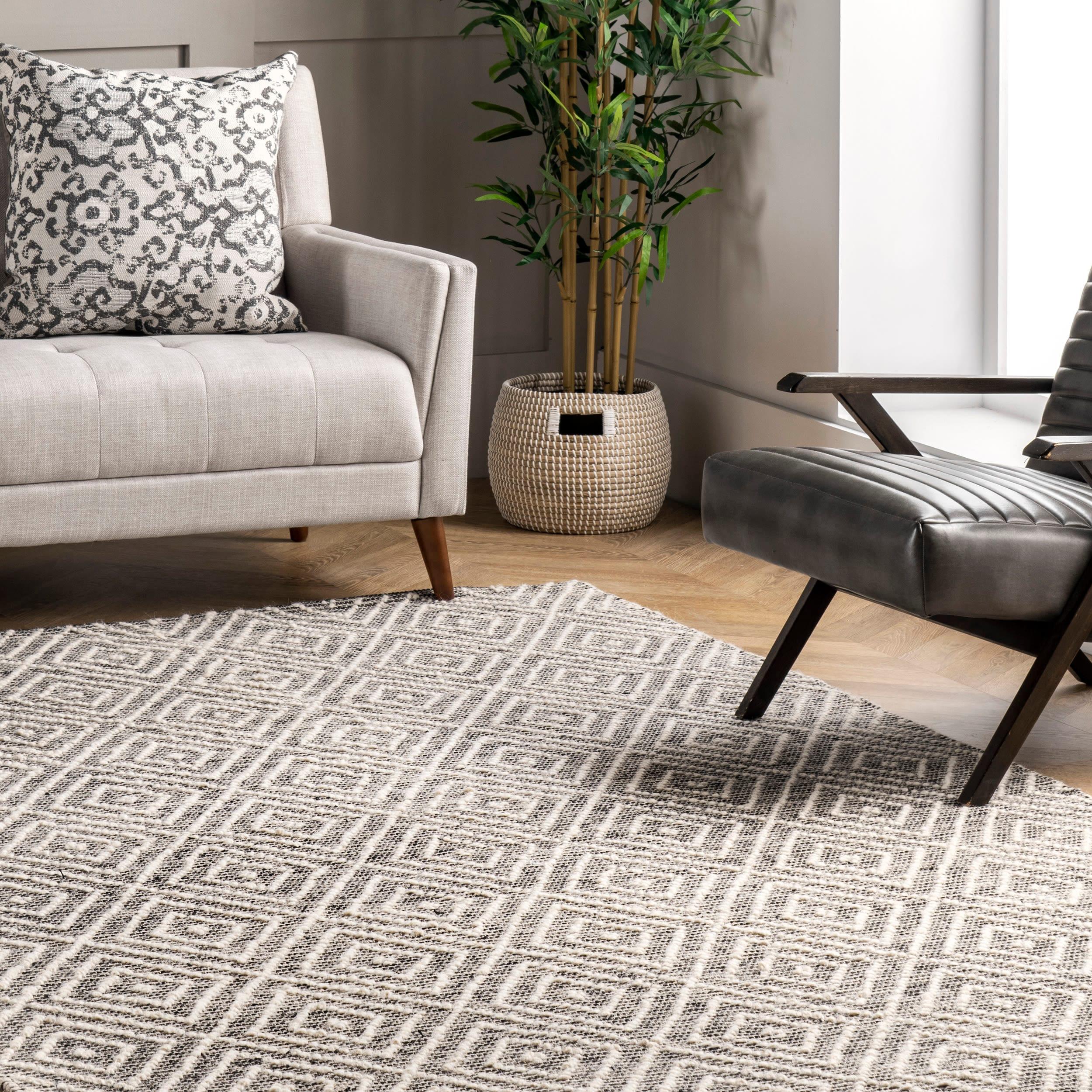 nuLOOM 3'x5' Flora Handmade Textured Diamonds Wool Area Rug Gray/Ivory: Geometric Flat Pile, Indoor Use